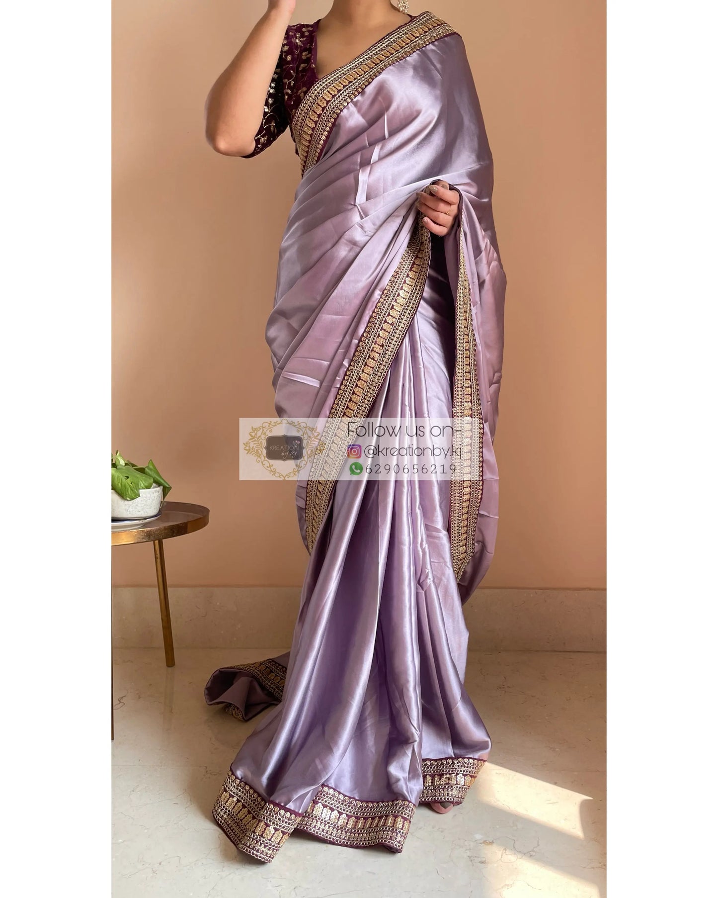 Dull Lavender Satin Saree with Wine Border - kreationbykj