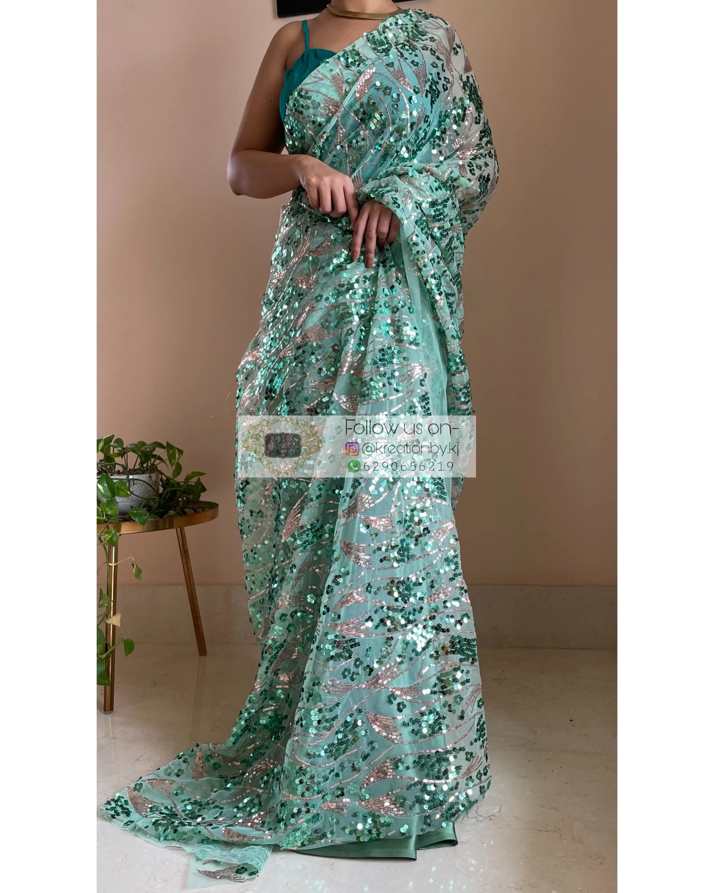 Green Mermaid Sequins Saree - kreationbykj