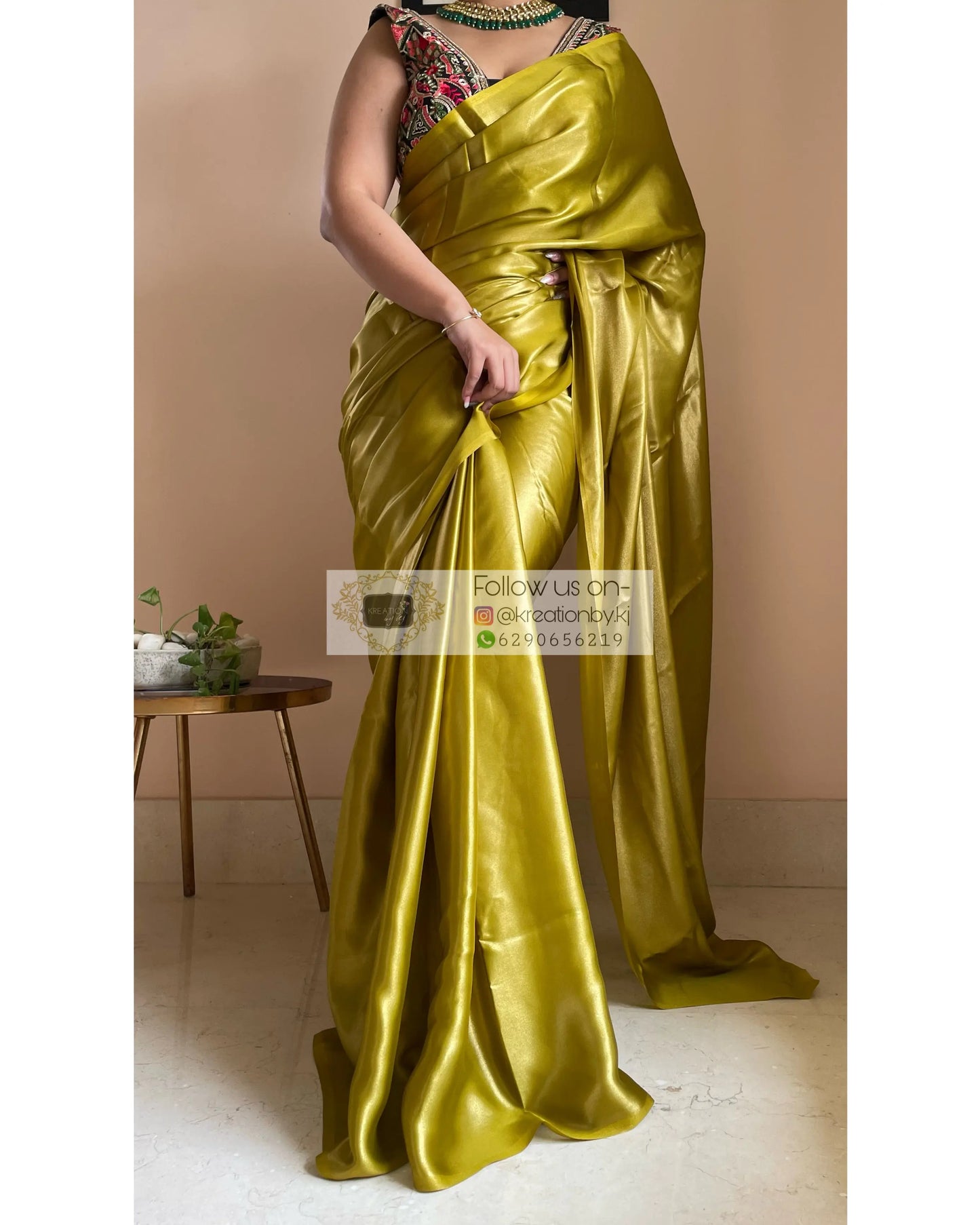 Mehendi Green Shimmer Satin Saree - kreationbykj