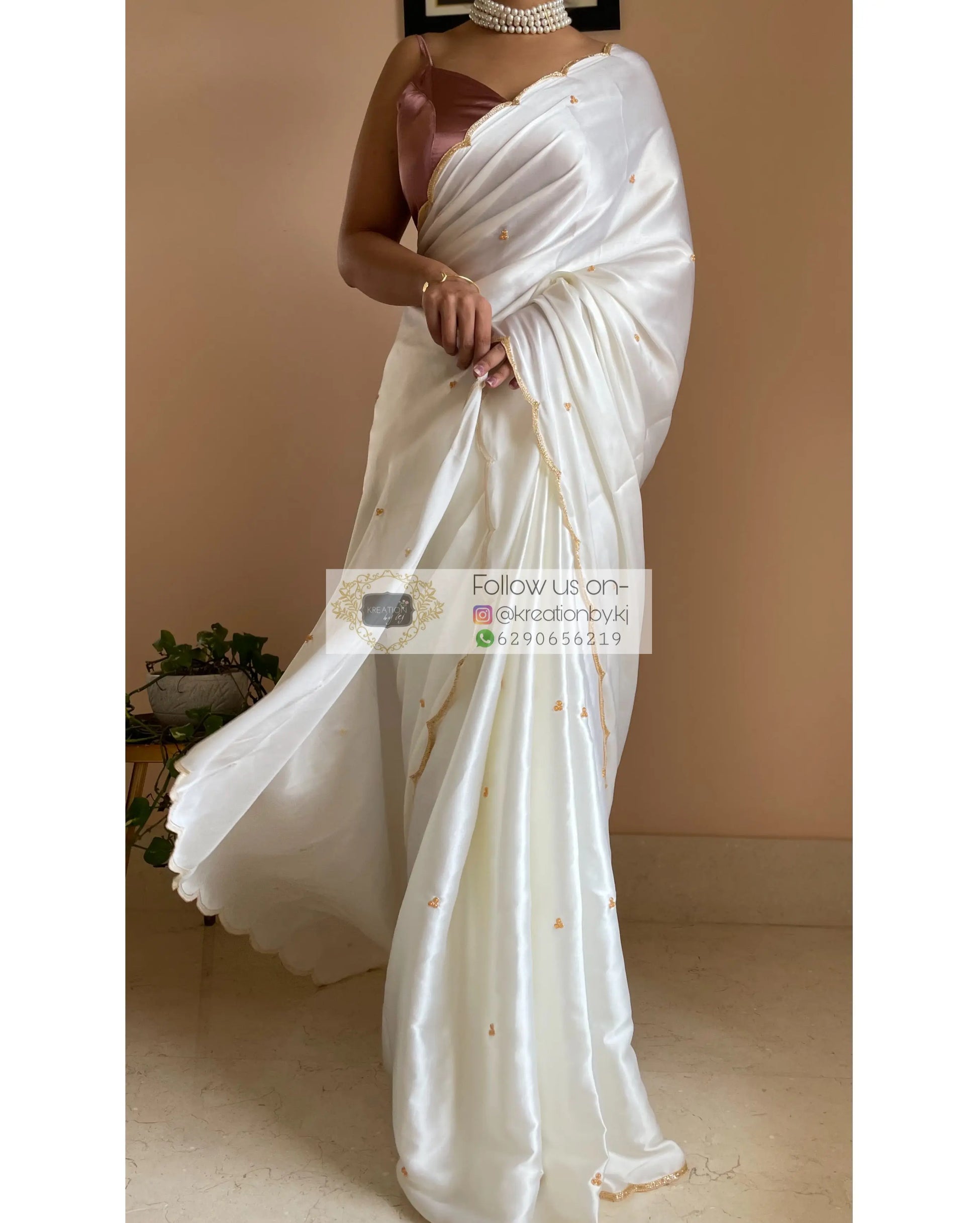 Cream Satin Silk Saree with Handembroidered Scalloping - kreationbykj