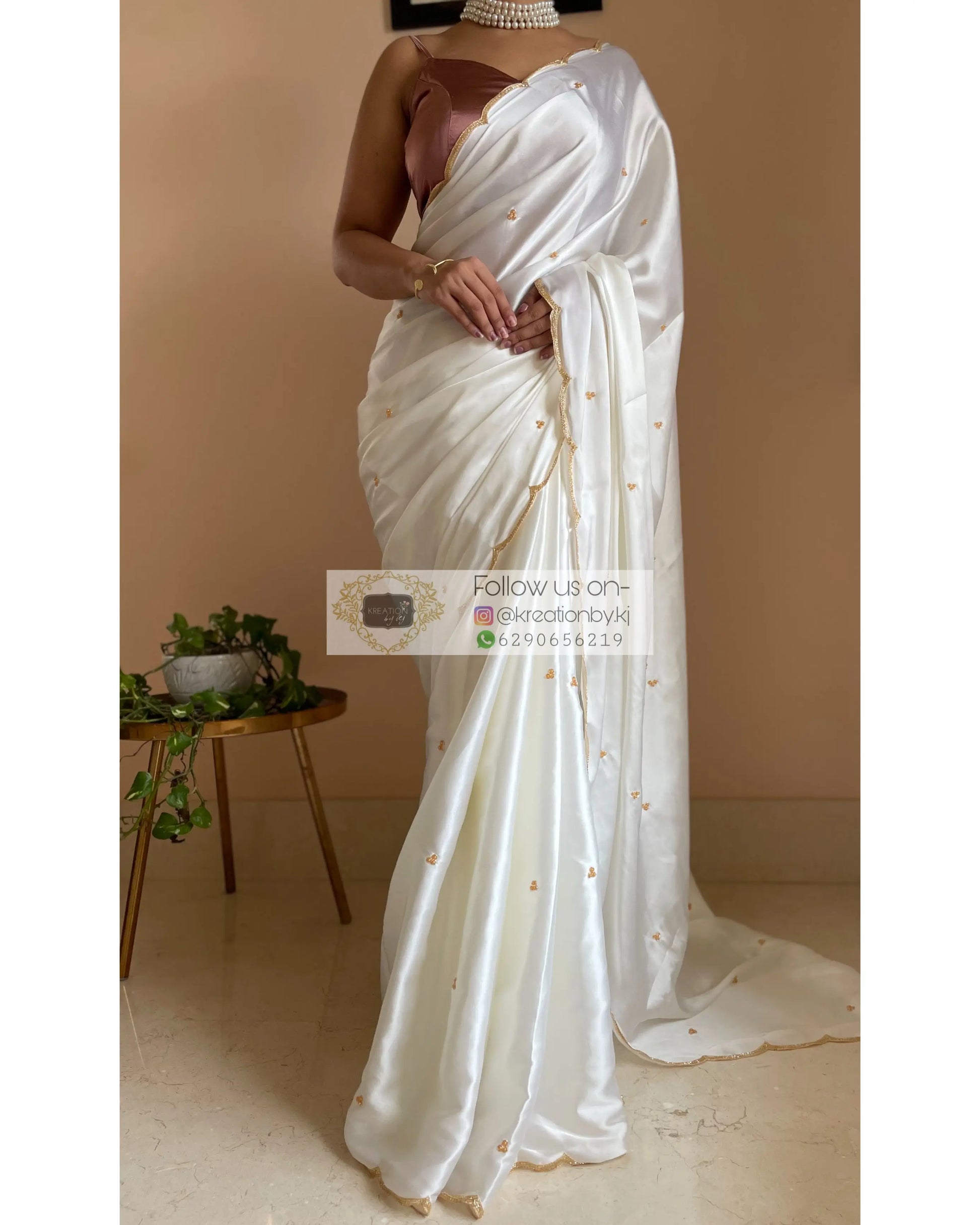 Cream Satin Silk Saree with Handembroidered Scalloping - kreationbykj