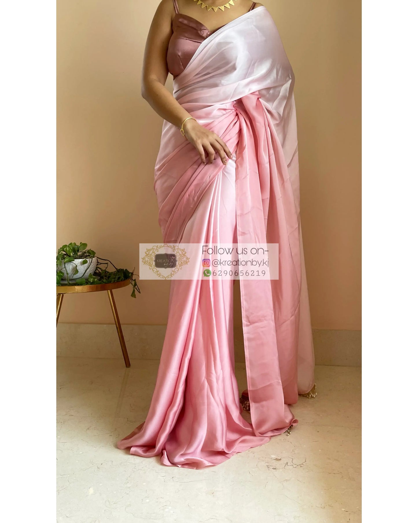 Strawberry Ombré Crepe Silk Saree with Handmade Tassels on Pallu - kreationbykj