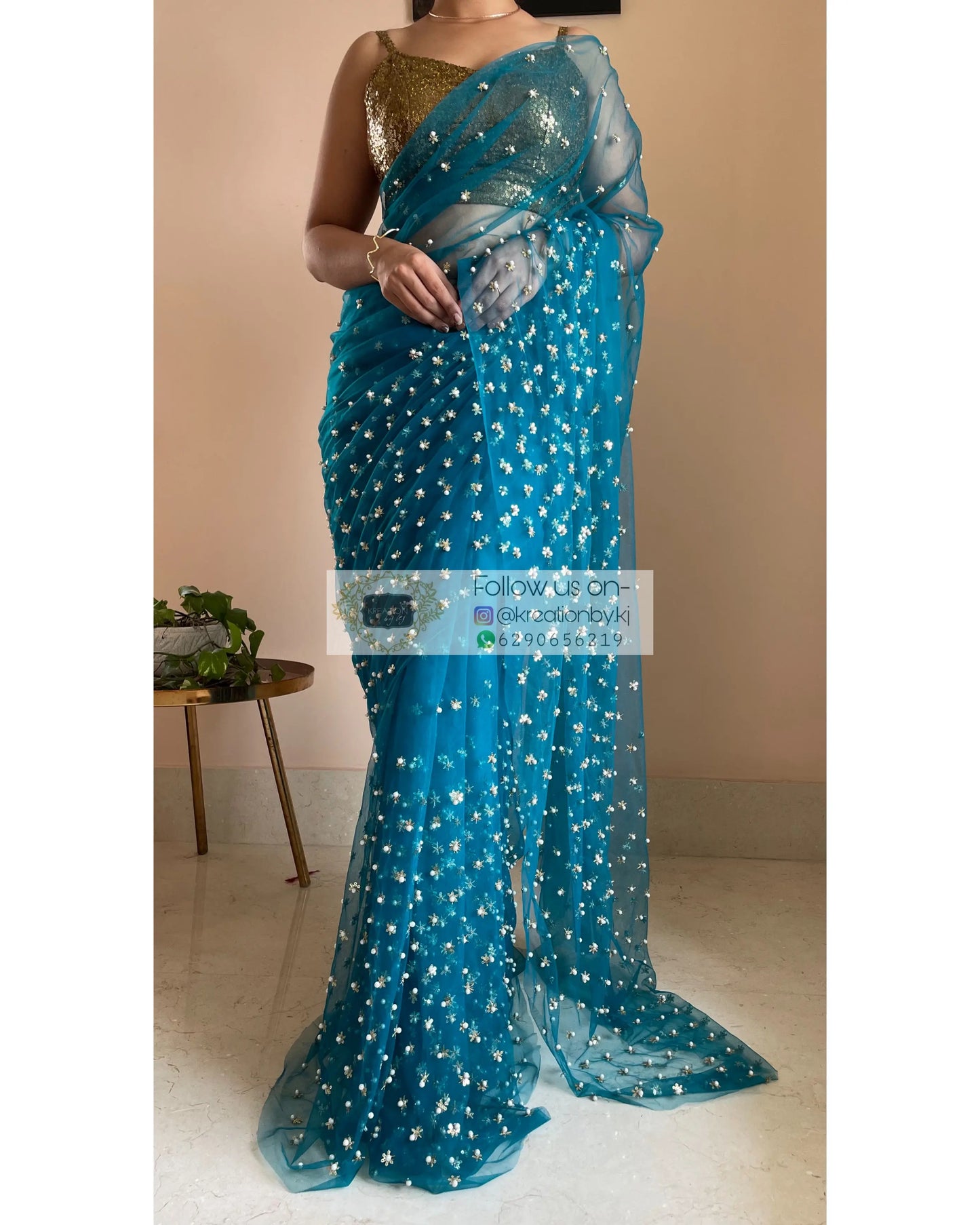 Jugnoo Teal Blue Net Saree - kreationbykj