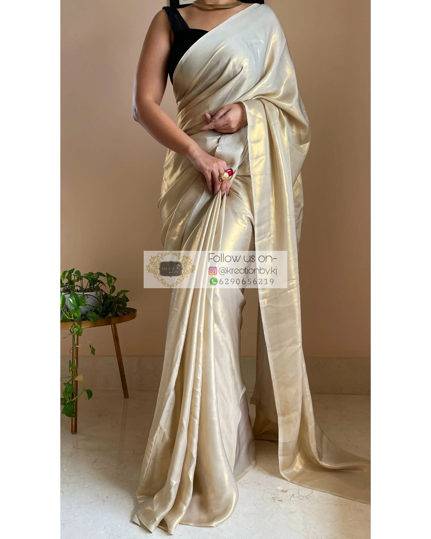 Beige Shimmer Satin Saree - kreationbykj