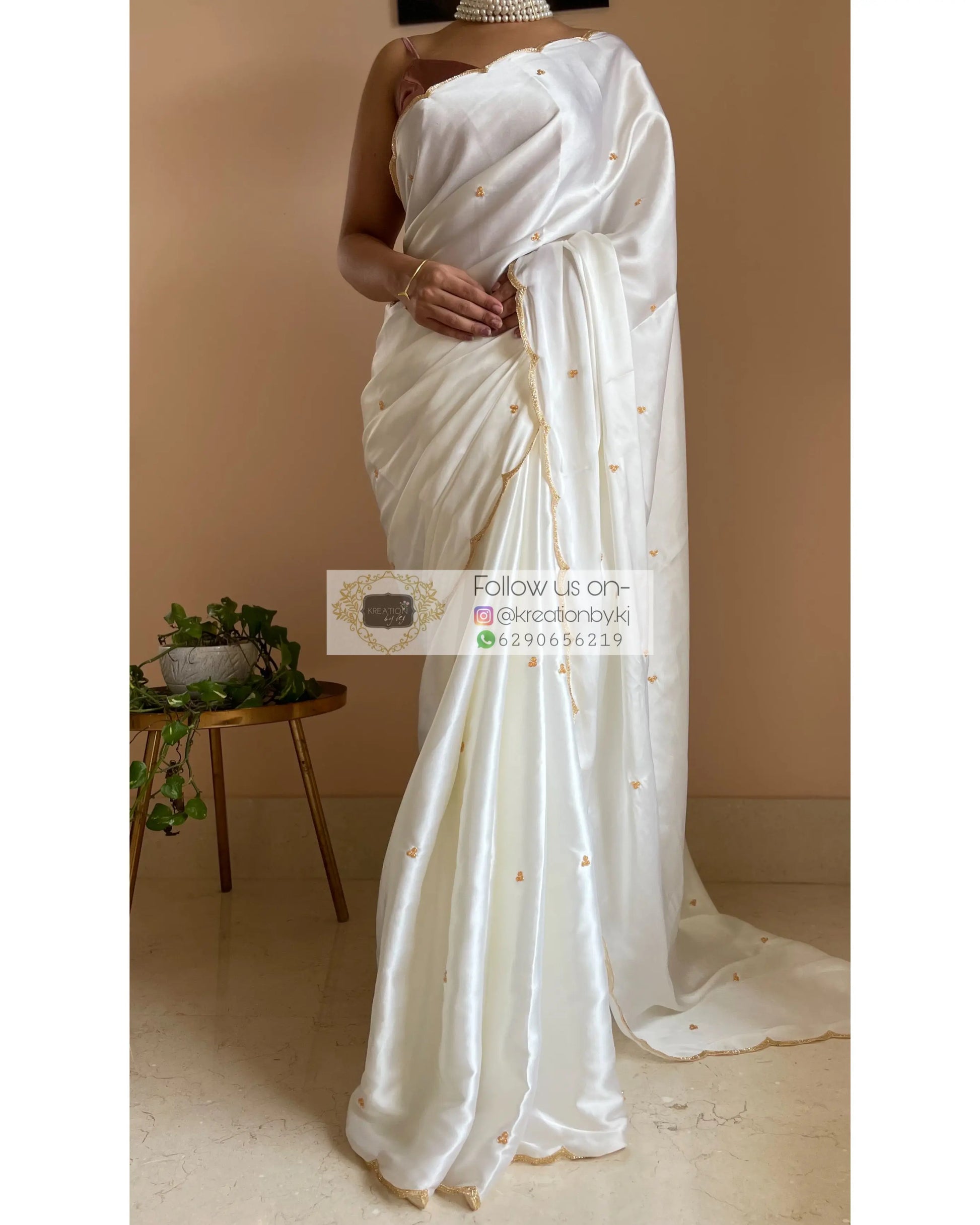 Cream Satin Silk Saree with Handembroidered Scalloping - kreationbykj