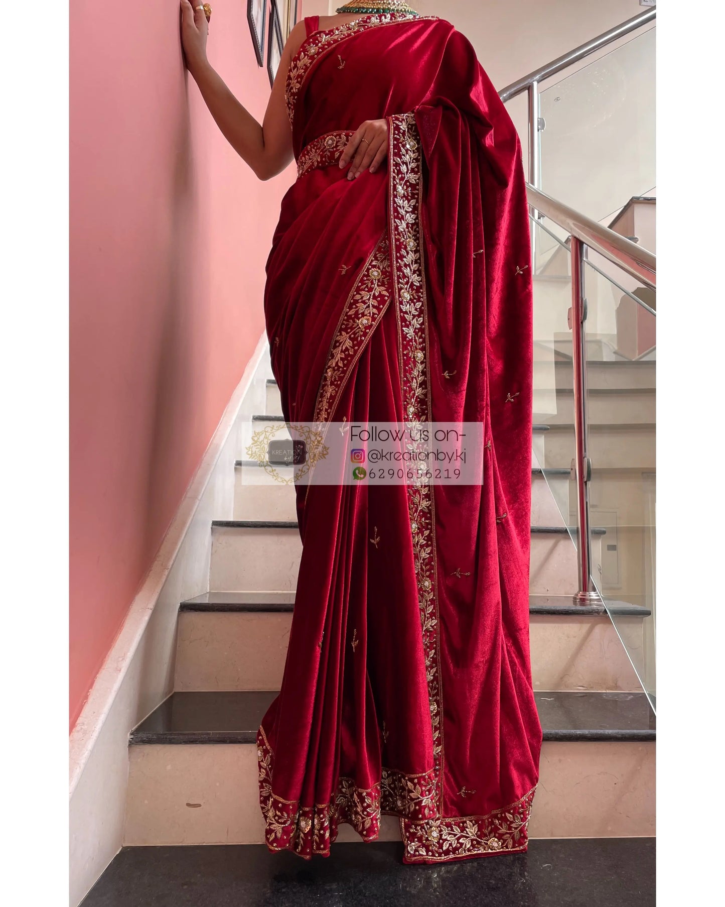 Anaya Maroon Velvet Saree with Belt - kreationbykj