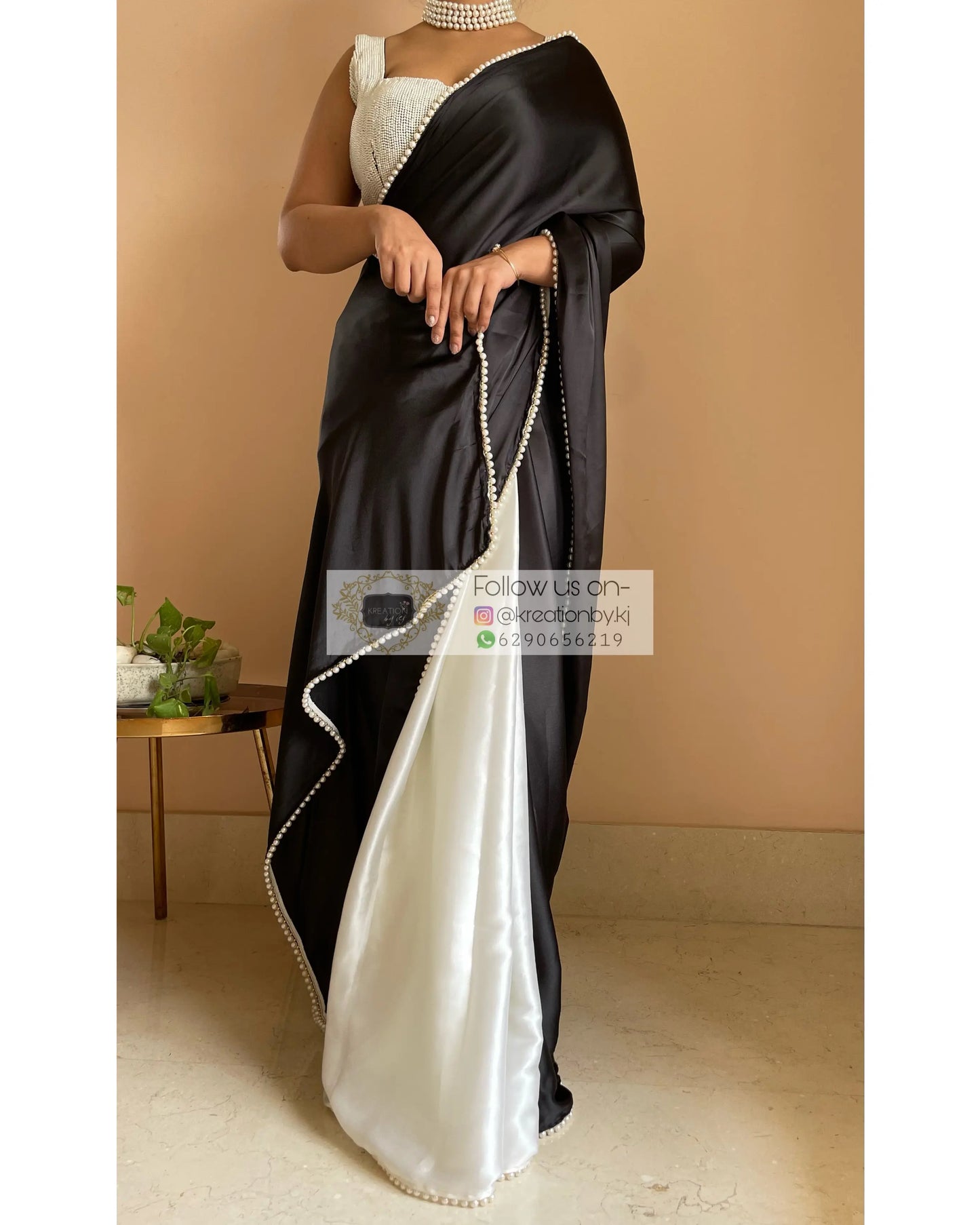Monochrome Two in One Satin Saree - kreationbykj