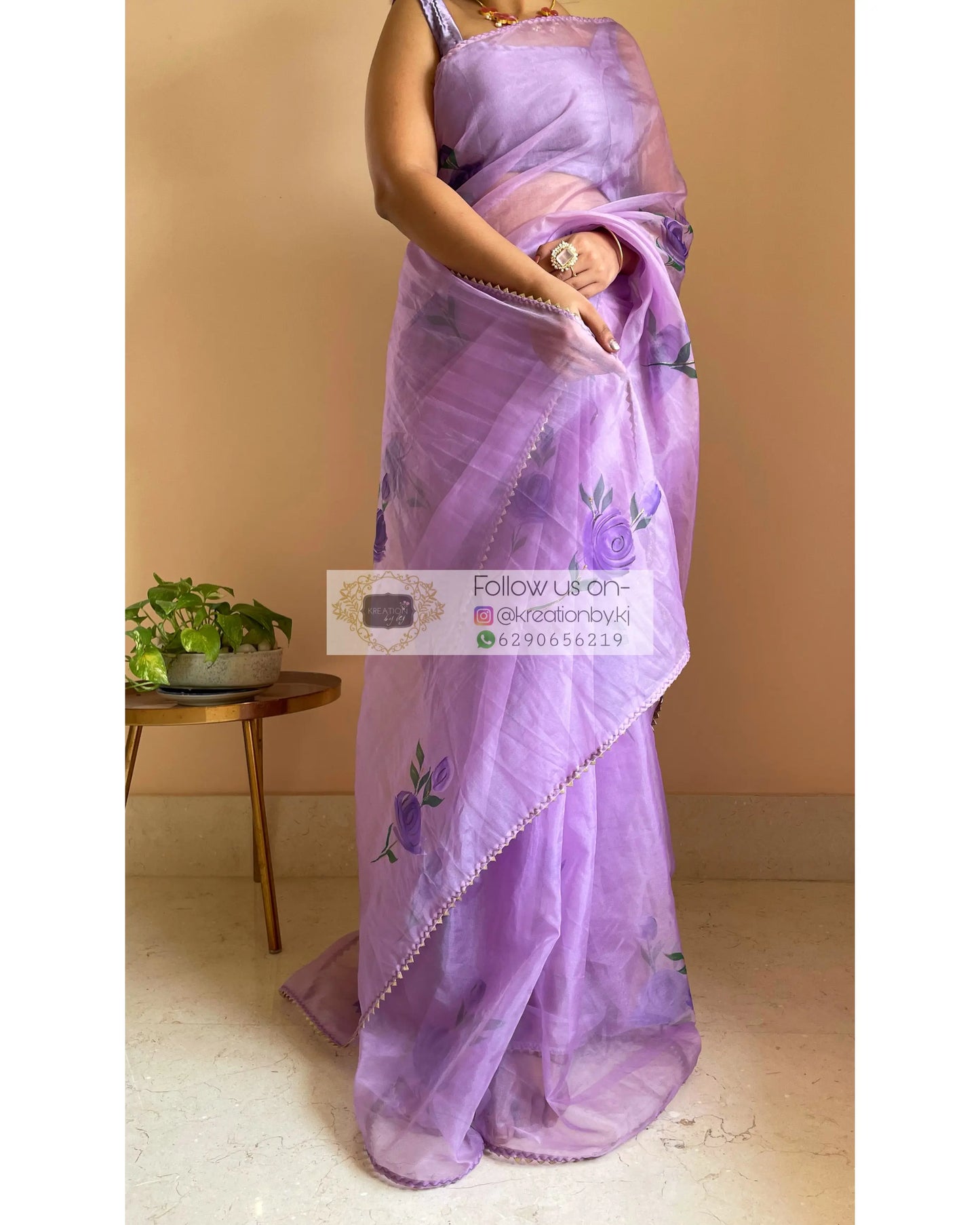 Lavender Floral Organza Saree - kreationbykj