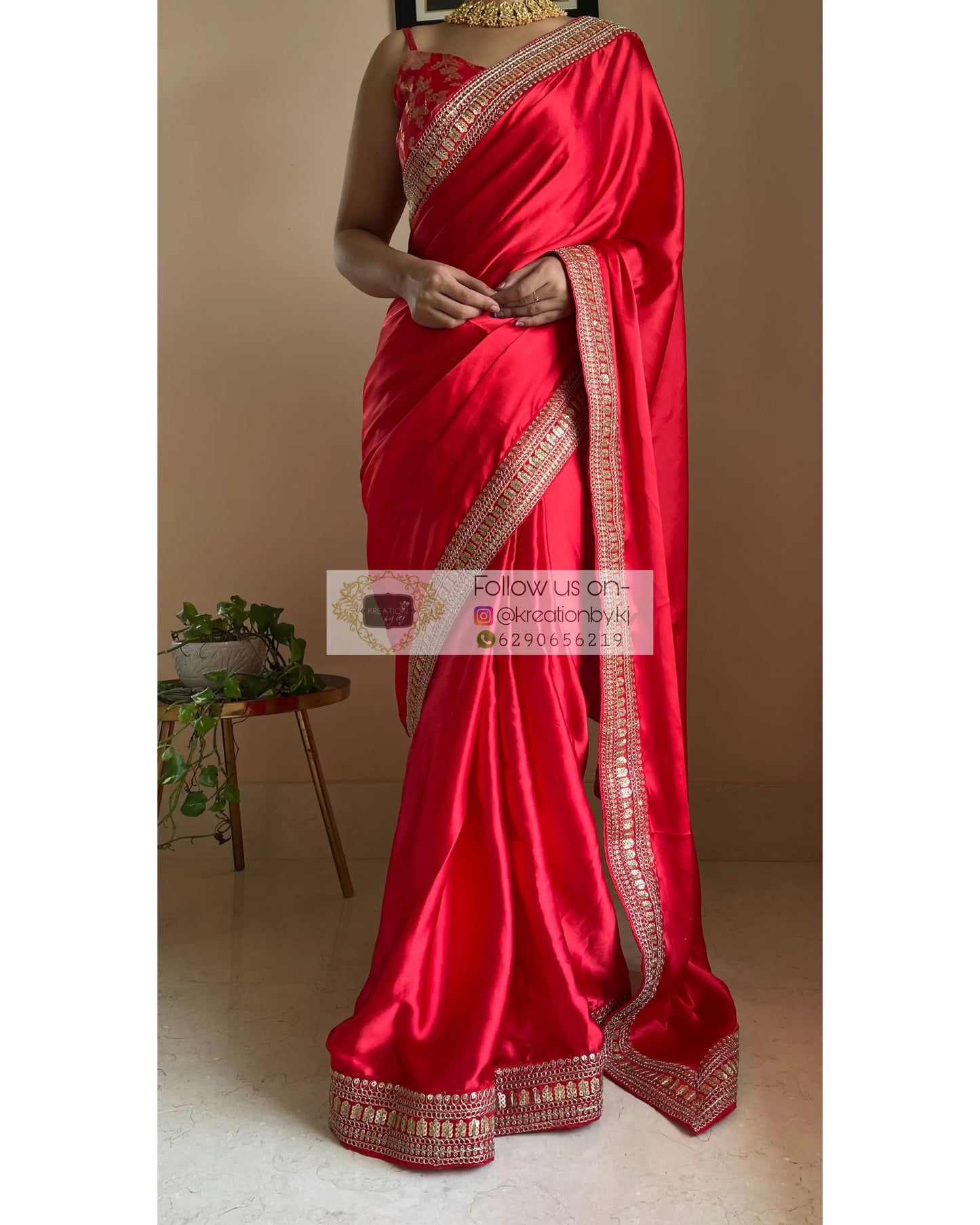 Surkh Laal Satin Silk Saree with Border - kreationbykj