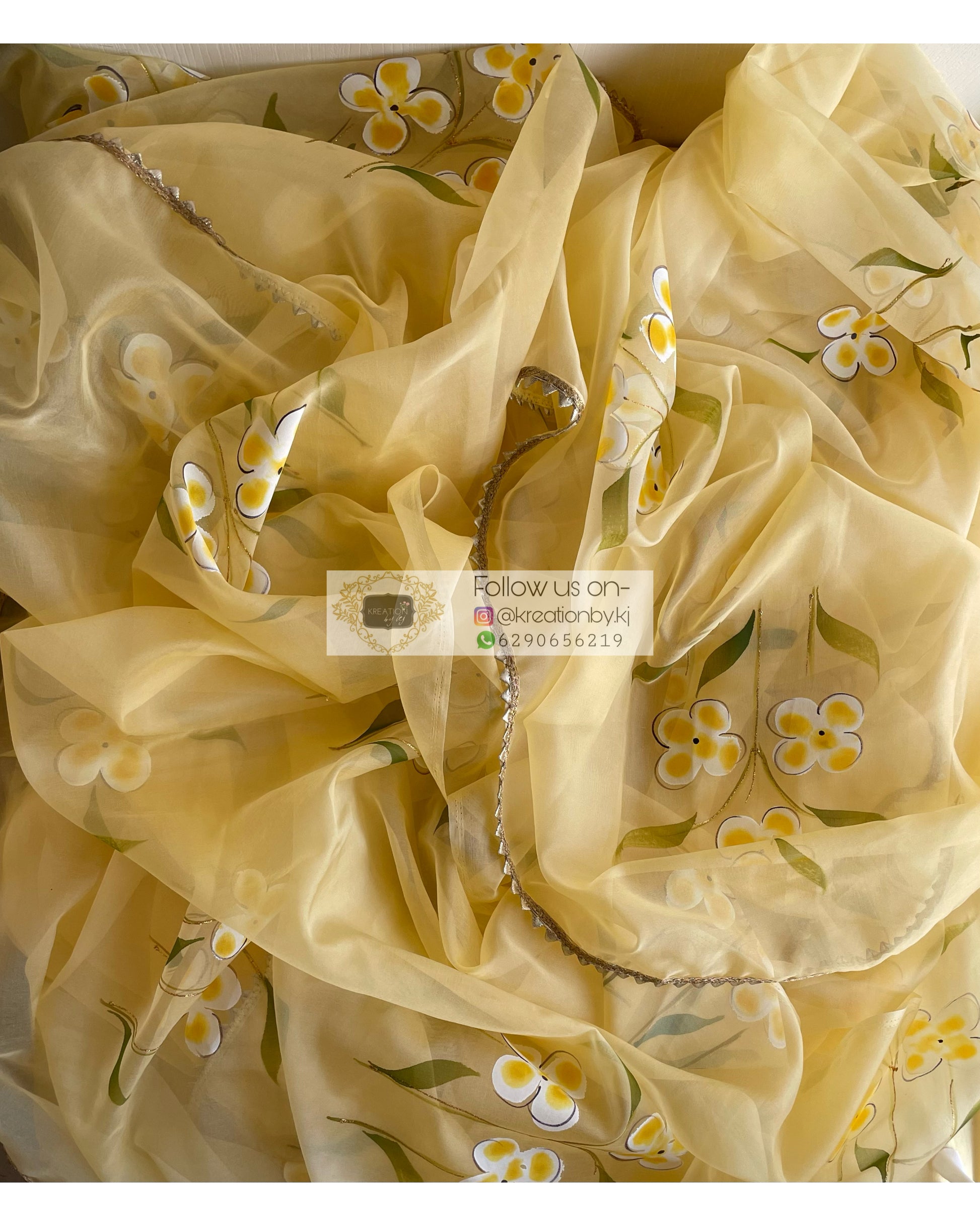 Pastel Yellow Floral Organza Saree - kreationbykj