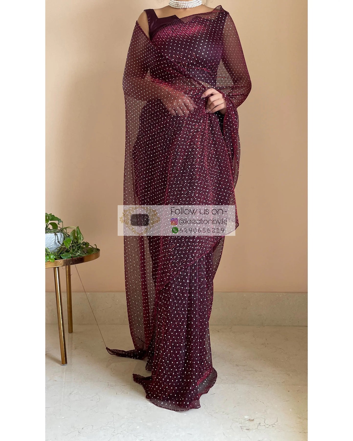 Maroon Wine Pleated Shimmer Saree - kreationbykj