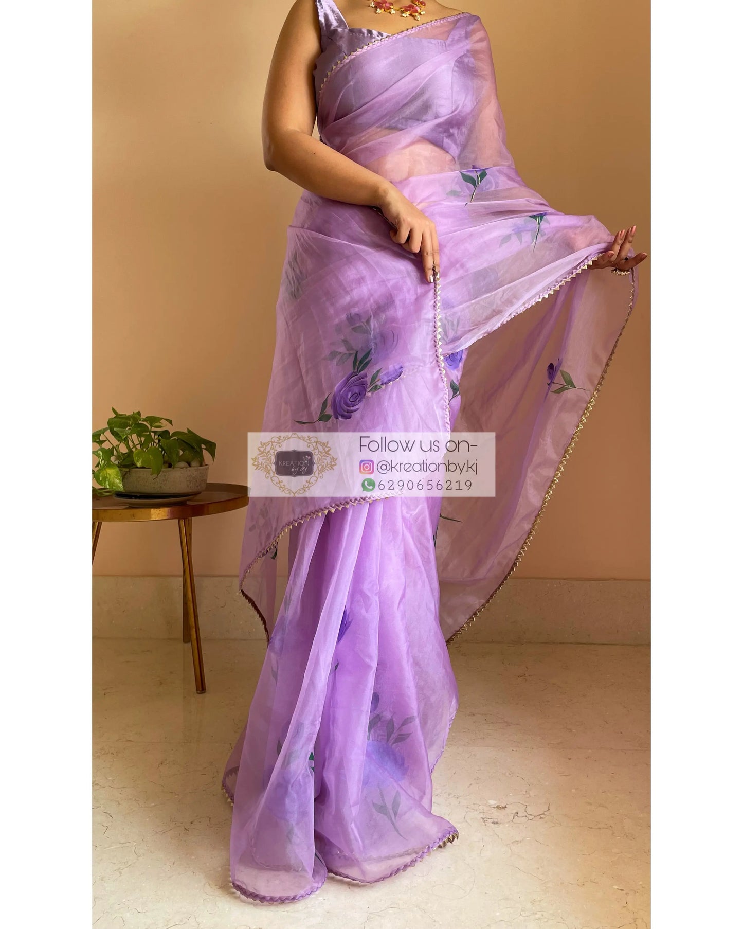 Lavender Floral Organza Saree - kreationbykj