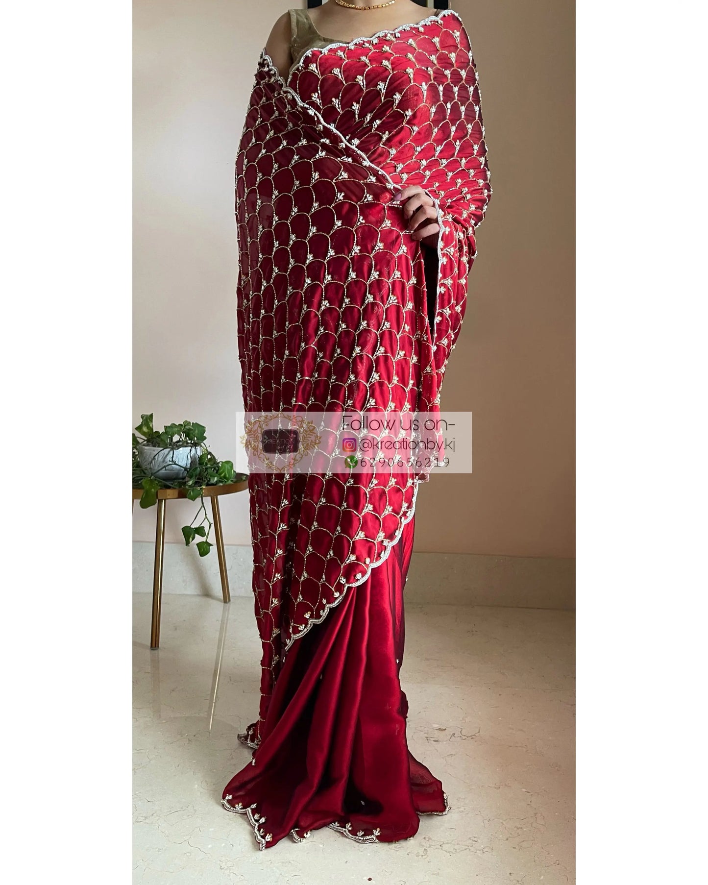 Maroon Georgette Cutdana Mehraab Jaal Saree - kreationbykj