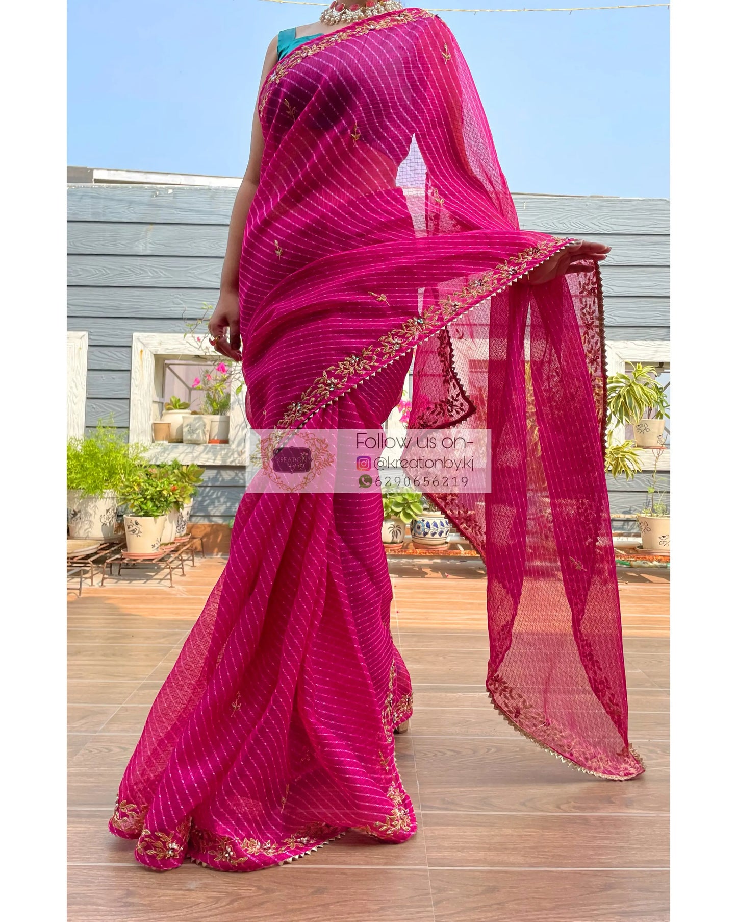 Hot Pink Chandani Leheriya Saree - kreationbykj