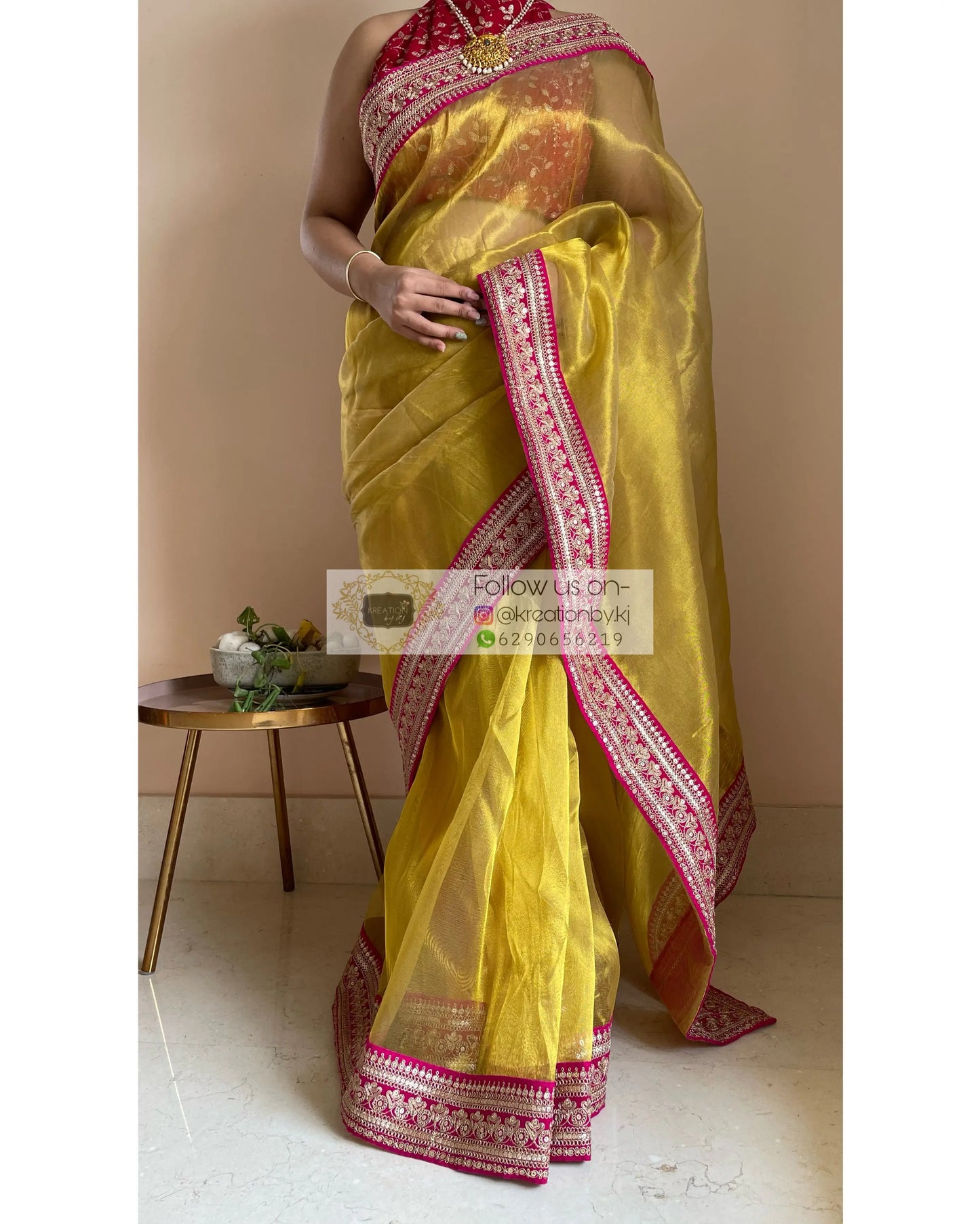 Gold Tissue Silk Saree with Fuschia Border - kreationbykj
