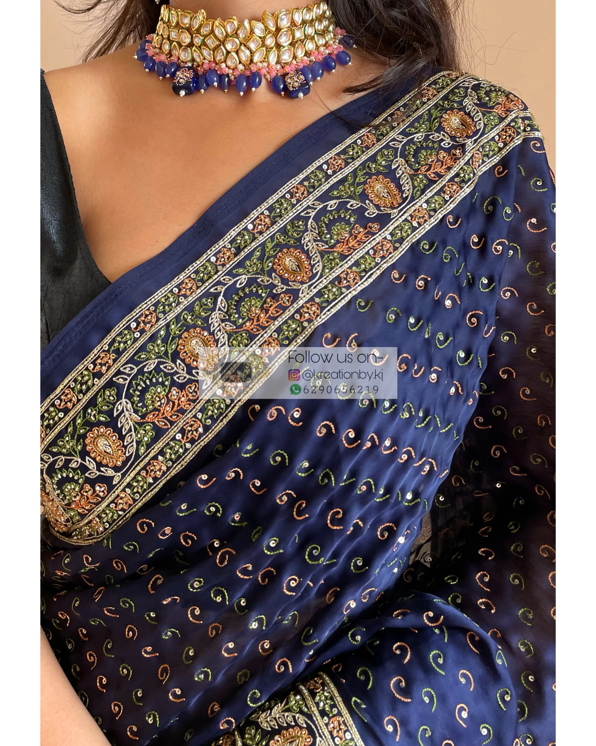 Navy Blue Bridal Handembroidered Saree - kreationbykj