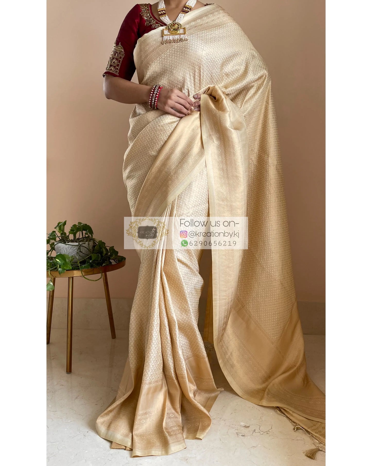 Beige Banarasi Saree with Designer Blouse - kreationbykj