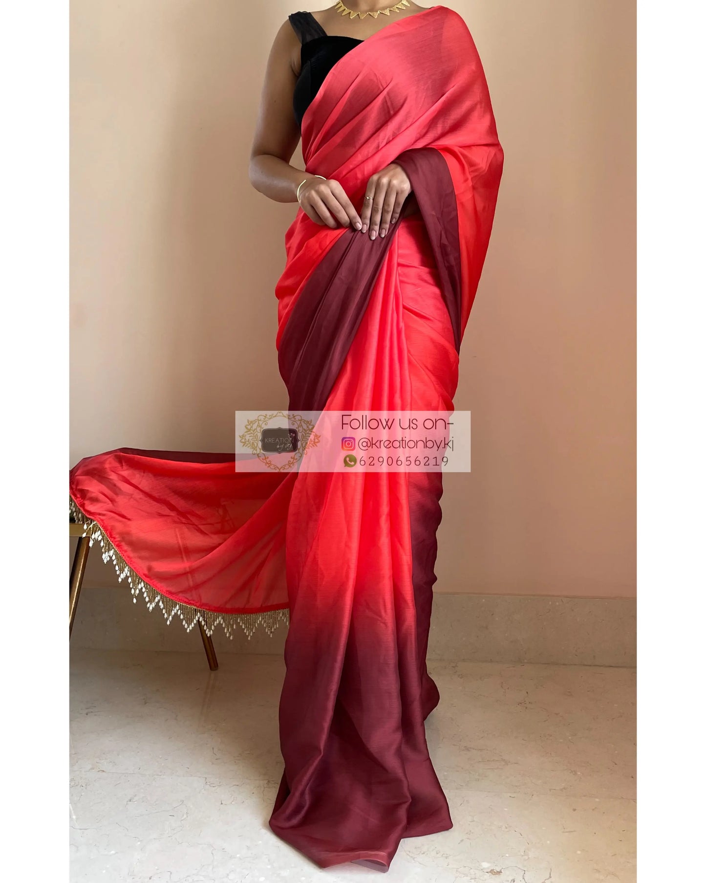 Vermillion Ombré Crepe Silk Saree with Handmade Tassels on Pallu - kreationbykj