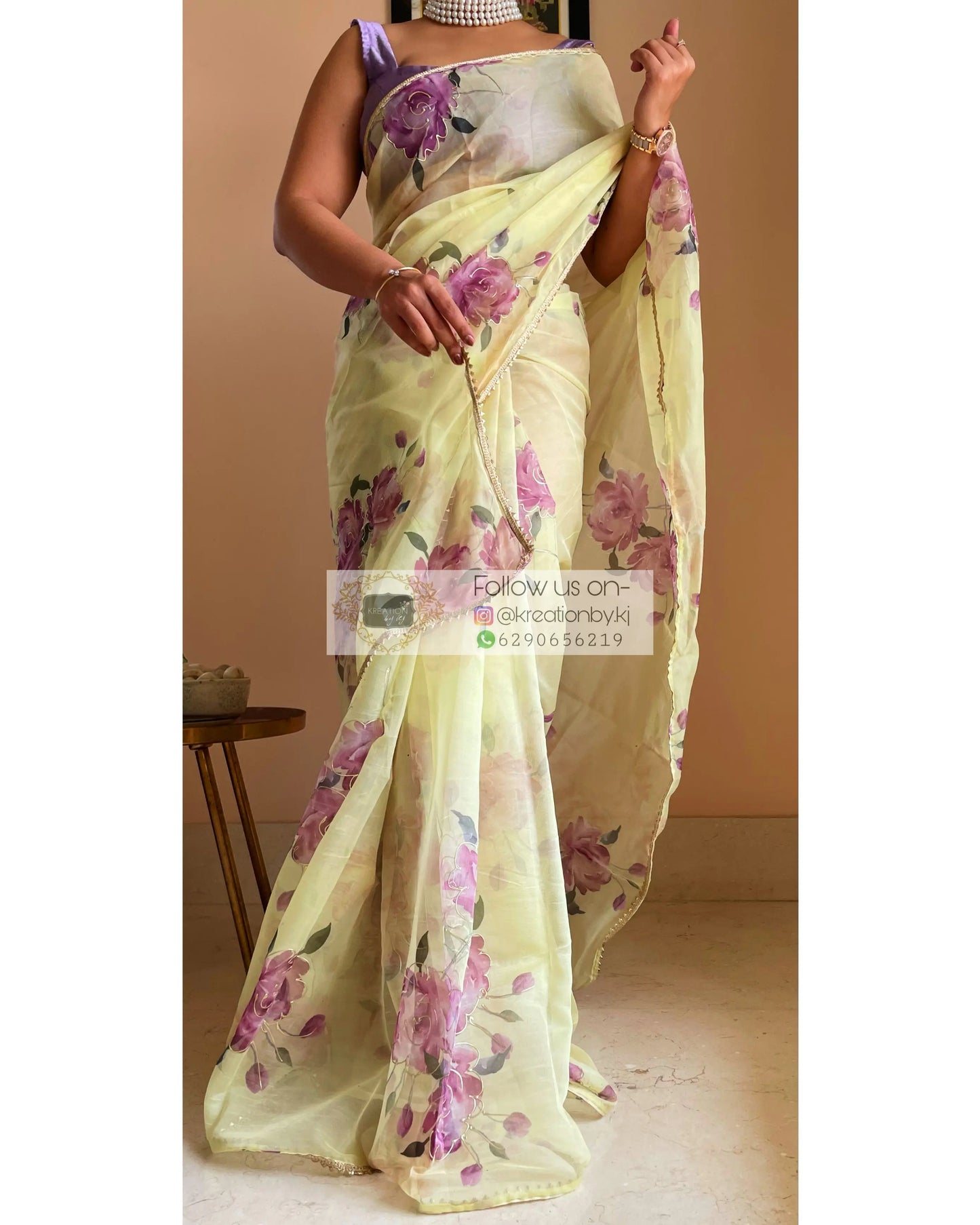 Lemon Rose Organza Saree - kreationbykj
