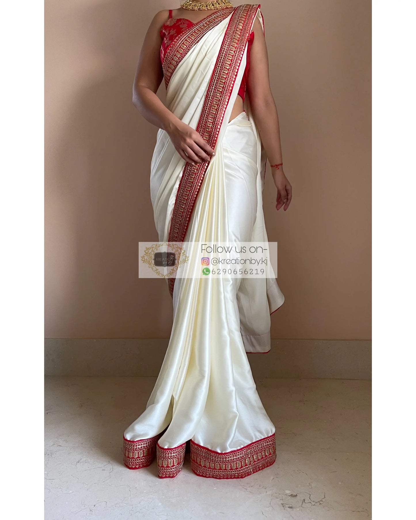 Cream Satin Saree with Red Border - kreationbykj