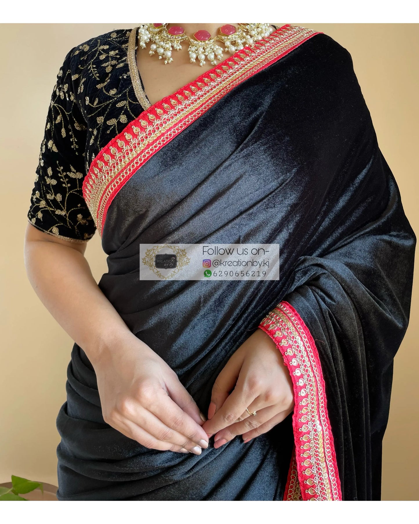 Black Floral Organza Velvet Saree - kreationbykj