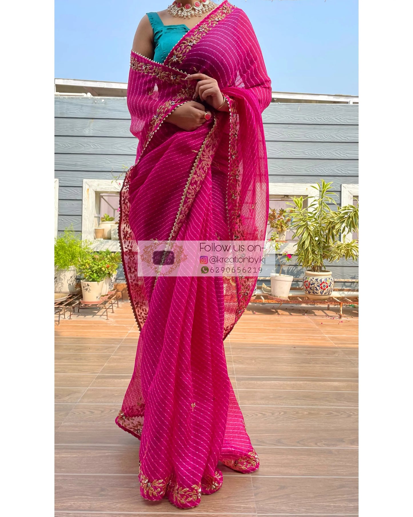 Hot Pink Chandani Leheriya Saree - kreationbykj