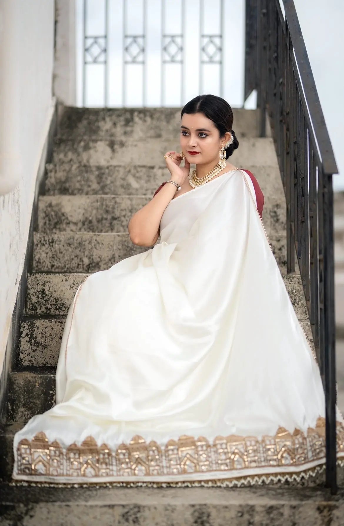 Cream Satin Silk Taj Mahal Saree - kreationbykj