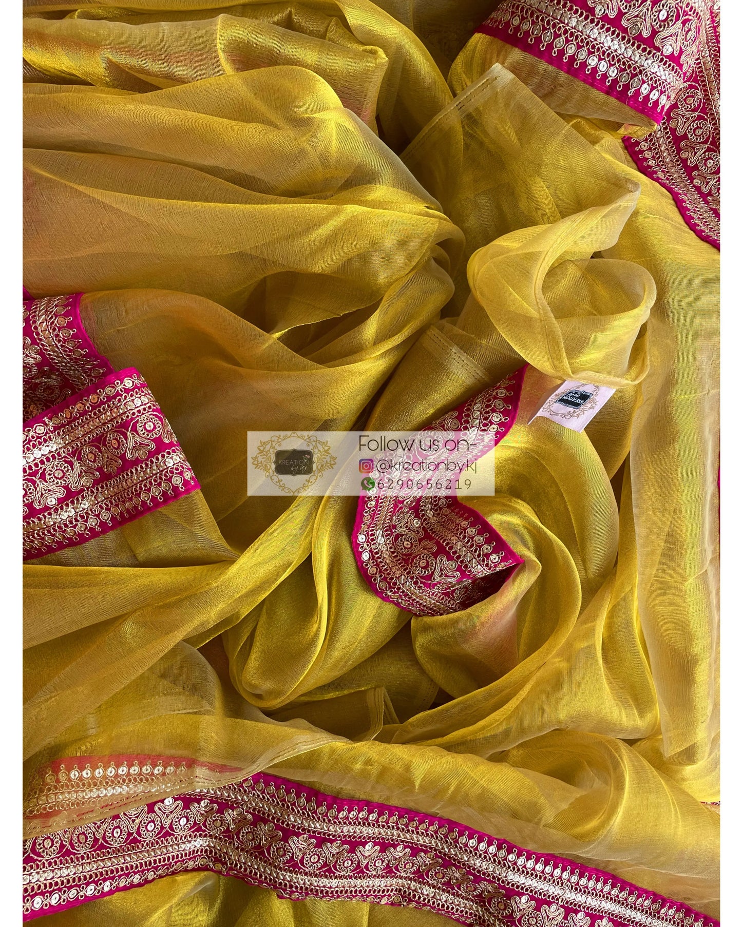 Gold Tissue Silk Saree with Fuschia Border - kreationbykj