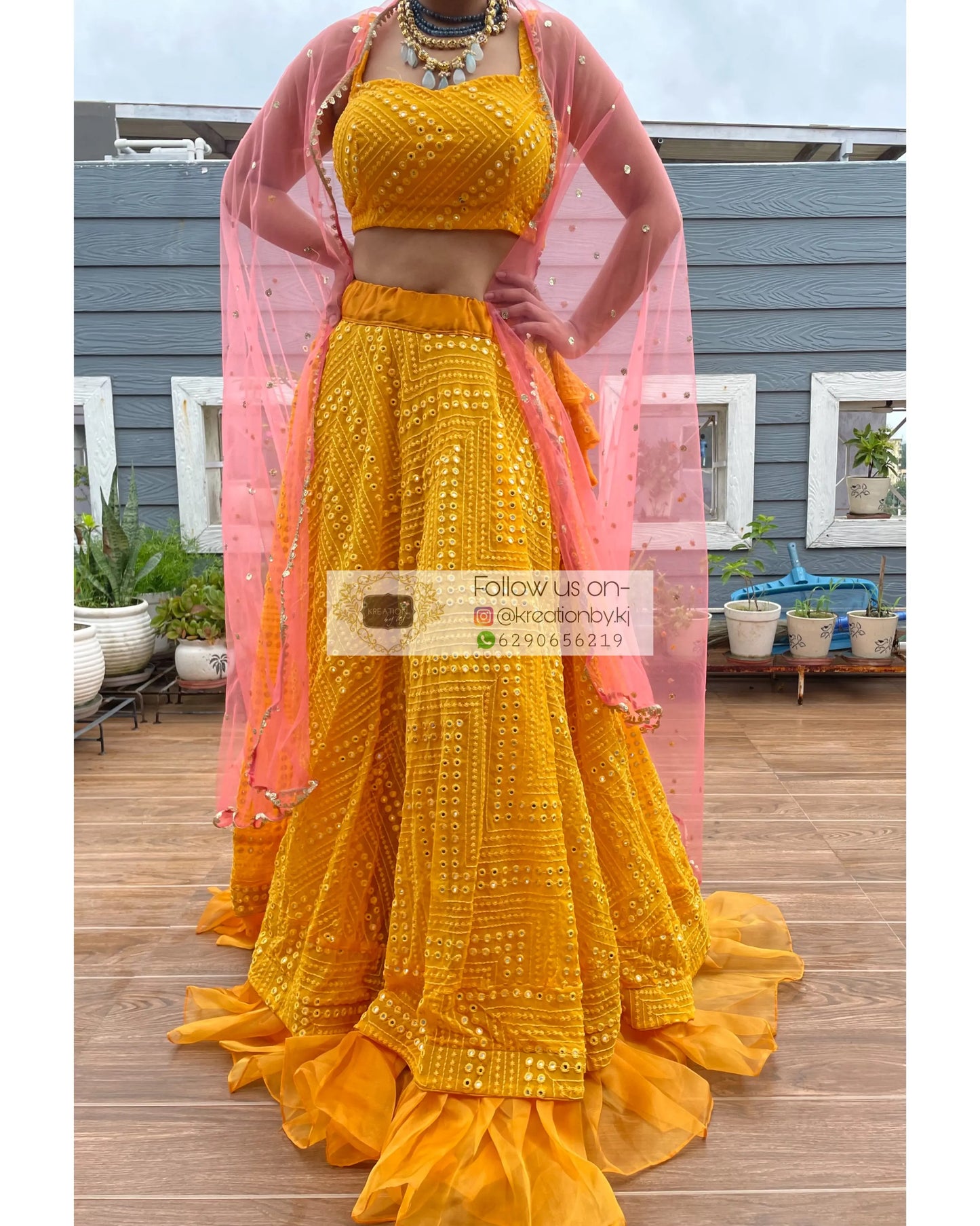 Yellow Sheesh Mahal Lehenga Set - kreationbykj