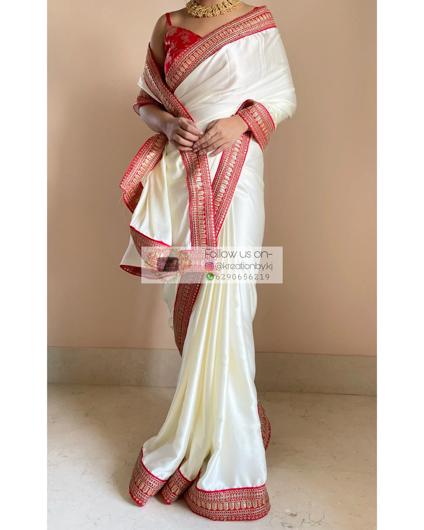 Cream Satin Saree with Red Border - kreationbykj