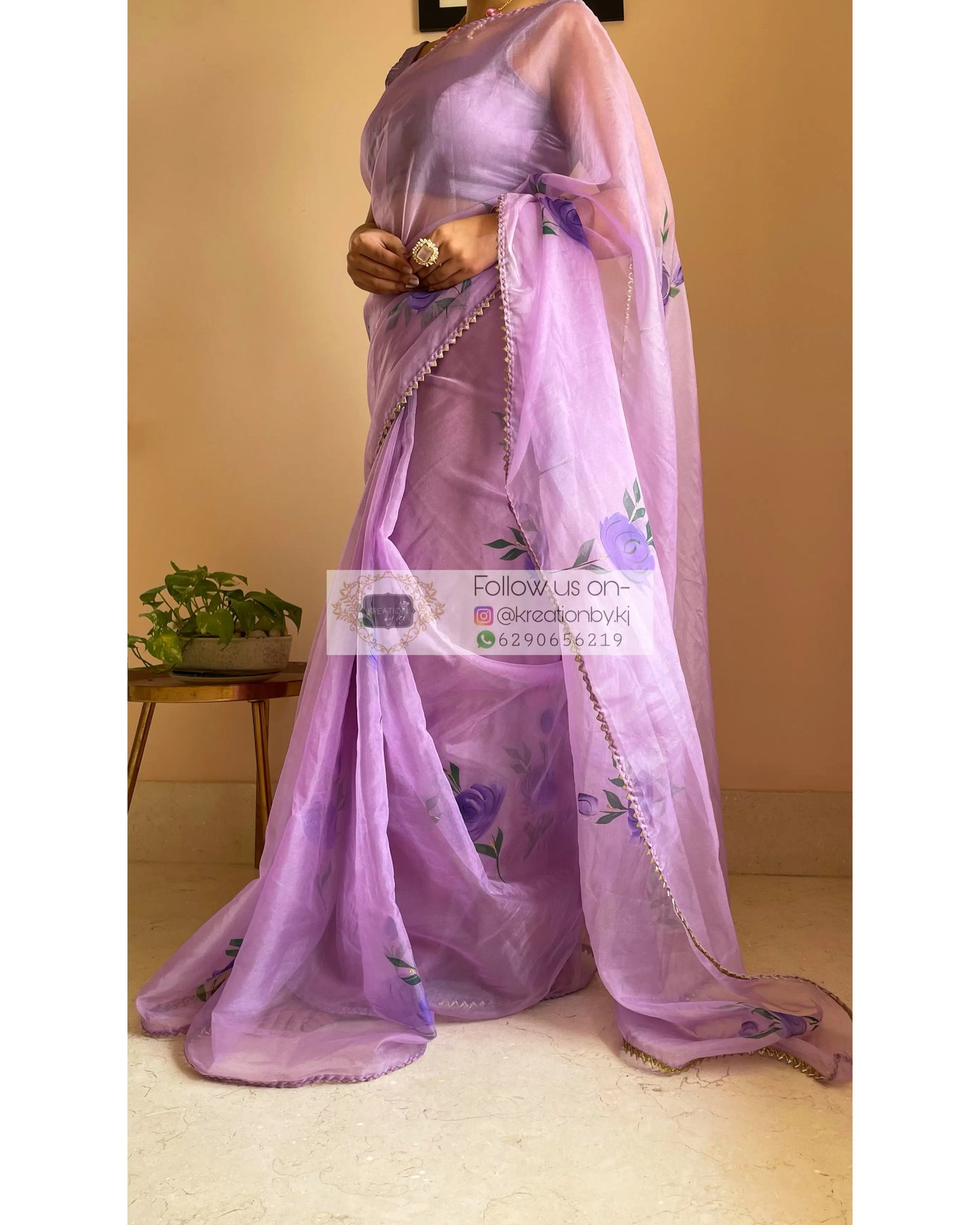 Lavender Floral Organza Saree - kreationbykj