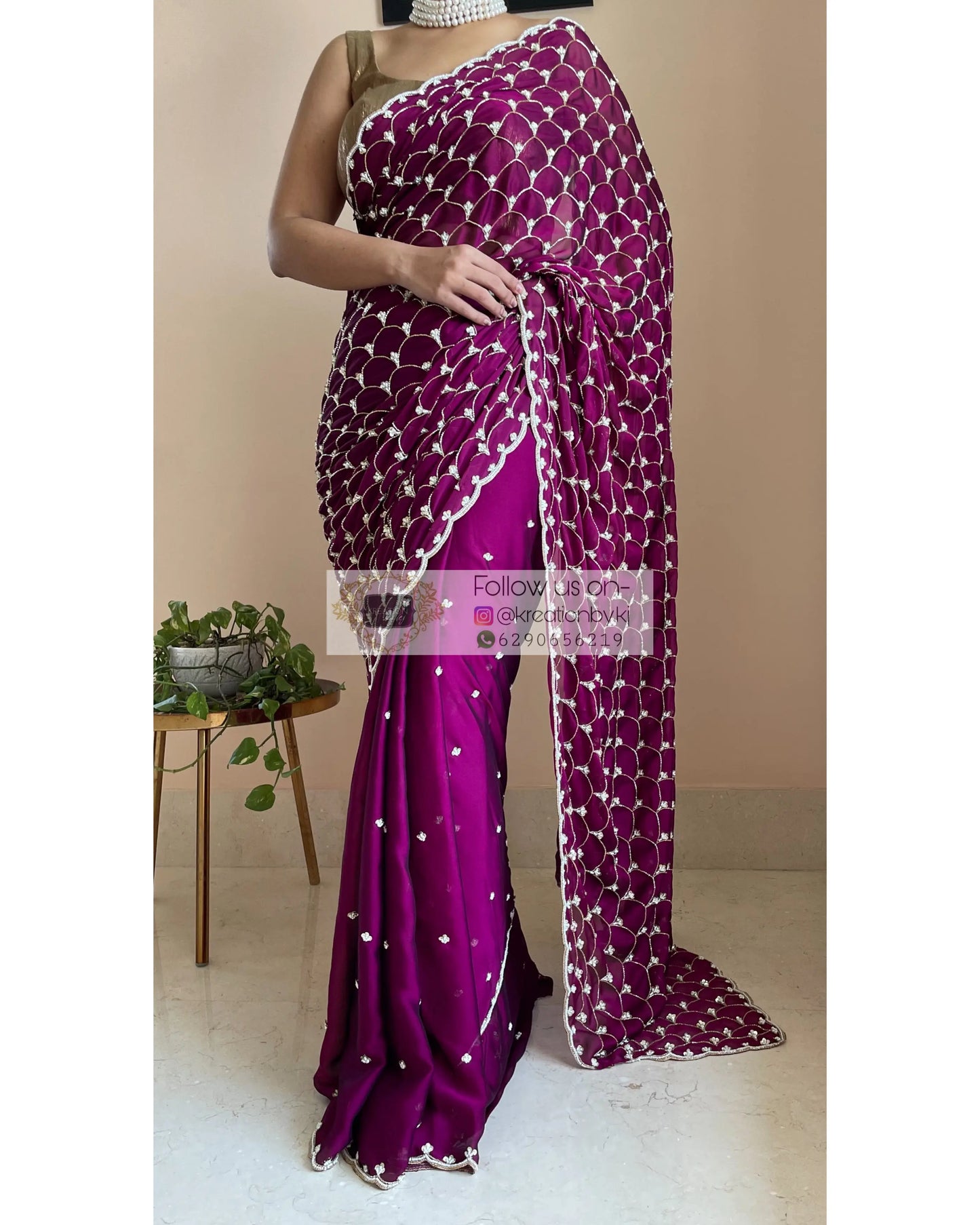 Wine Georgette Cutdana Mehraab Jaal Saree - kreationbykj