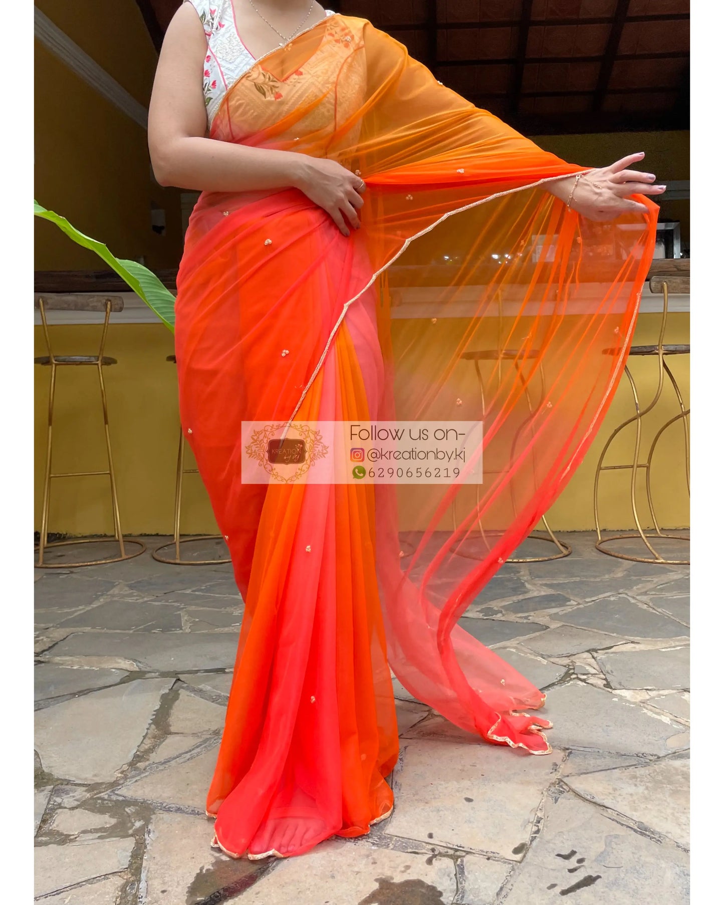 Orange Ombré Net saree with handembroidered scallop - kreationbykj