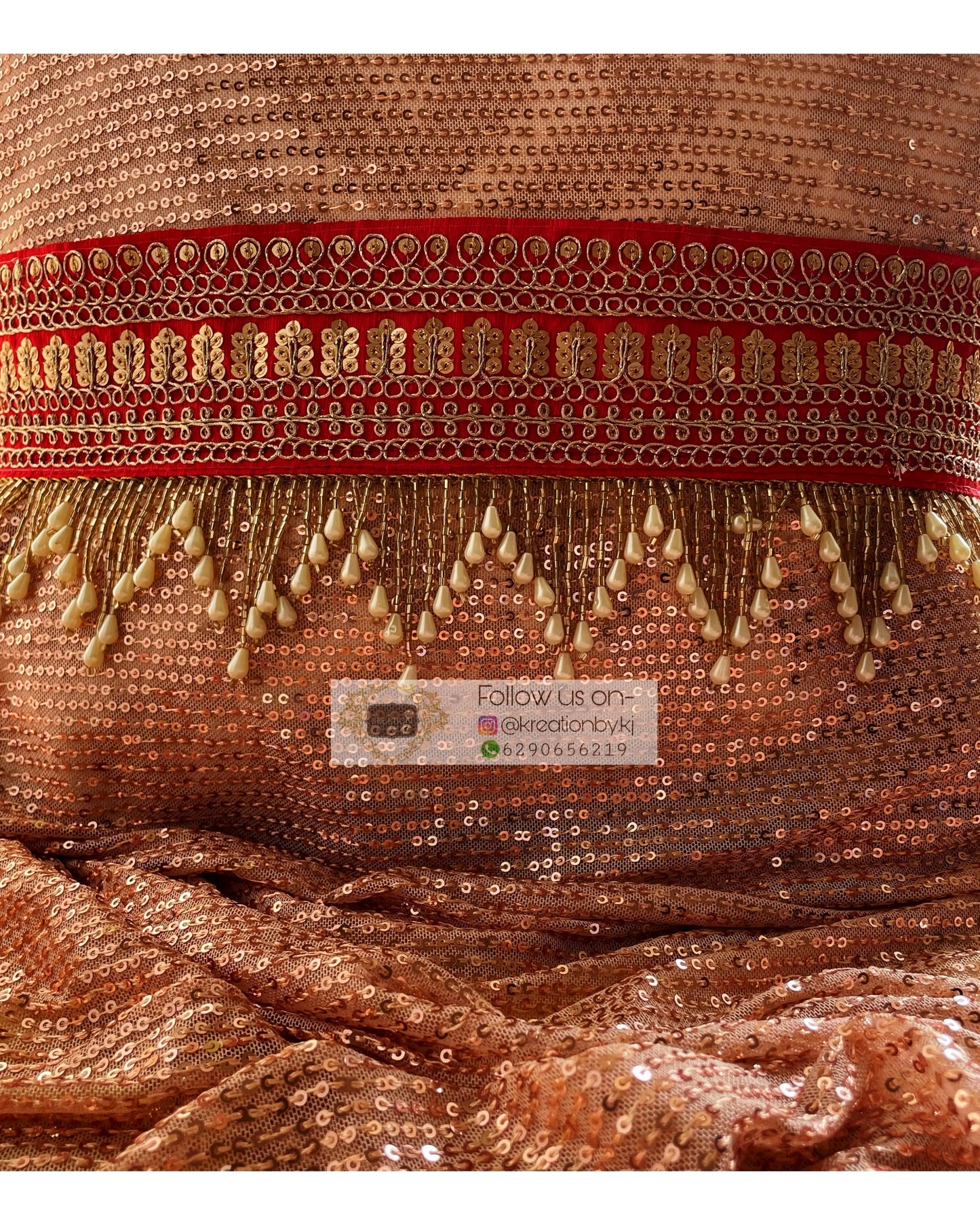 Red Bridal Waist Belt with Pearl Tassels - kreationbykj