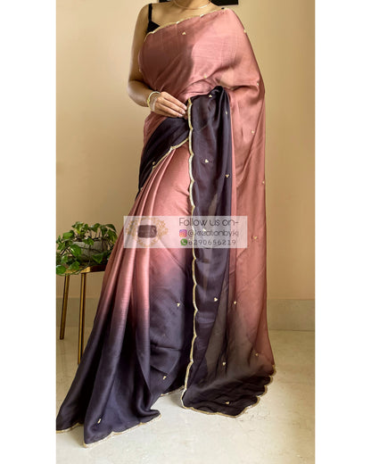 Chai Coffee Crepe Silk Saree with Handembroidered Scalloping - kreationbykj
