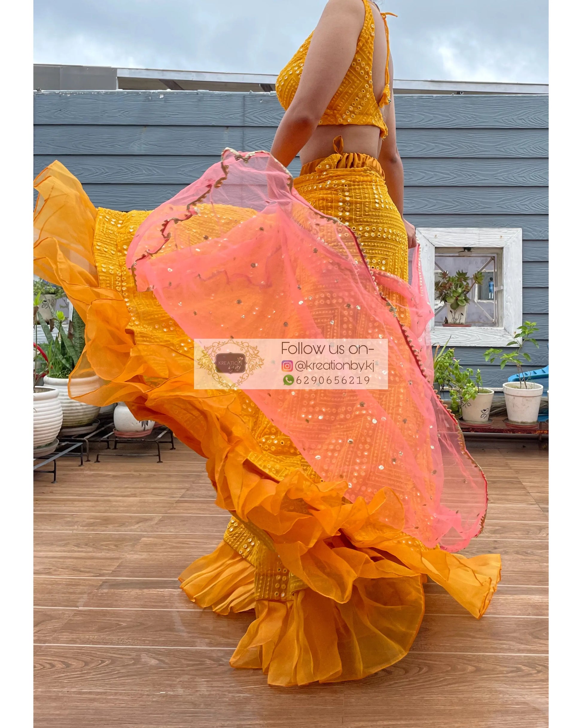 Yellow Sheesh Mahal Lehenga Set - kreationbykj