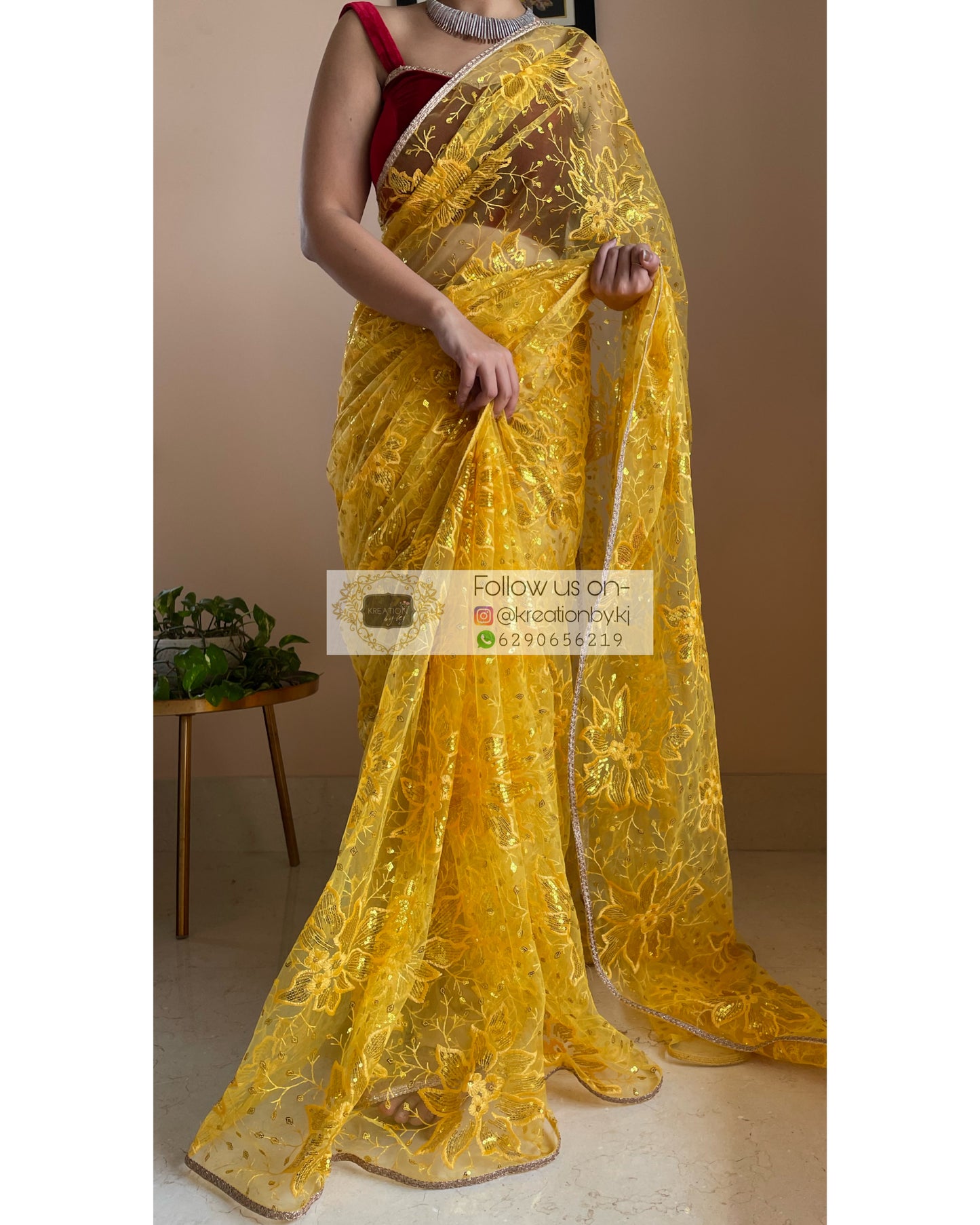 Yellow Floral Net Saree - kreationbykj