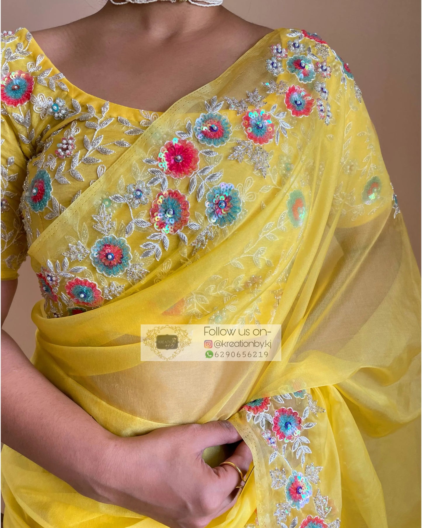 Yellow Organza Saree with Heavy Blouse - kreationbykj