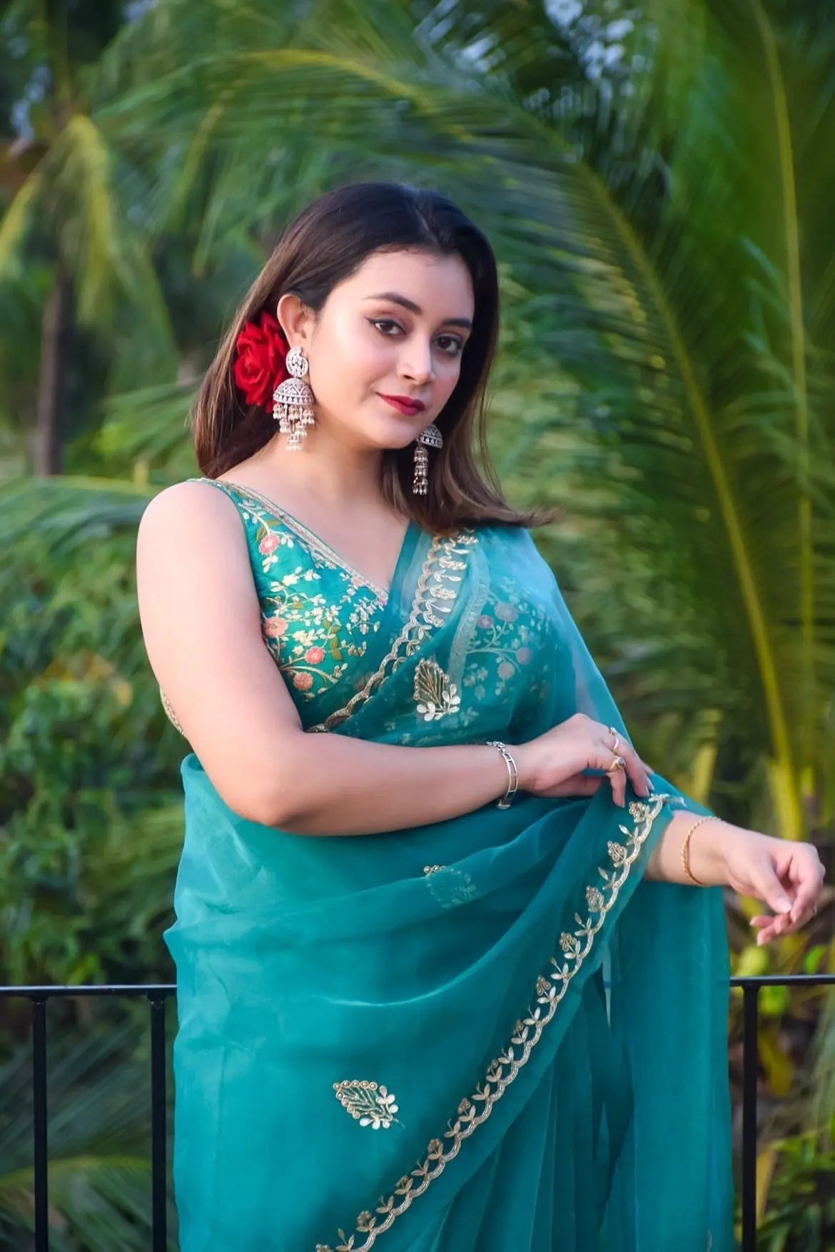 Teal Blue Glass Tissue Saree With Gota Patti Border - kreationbykj