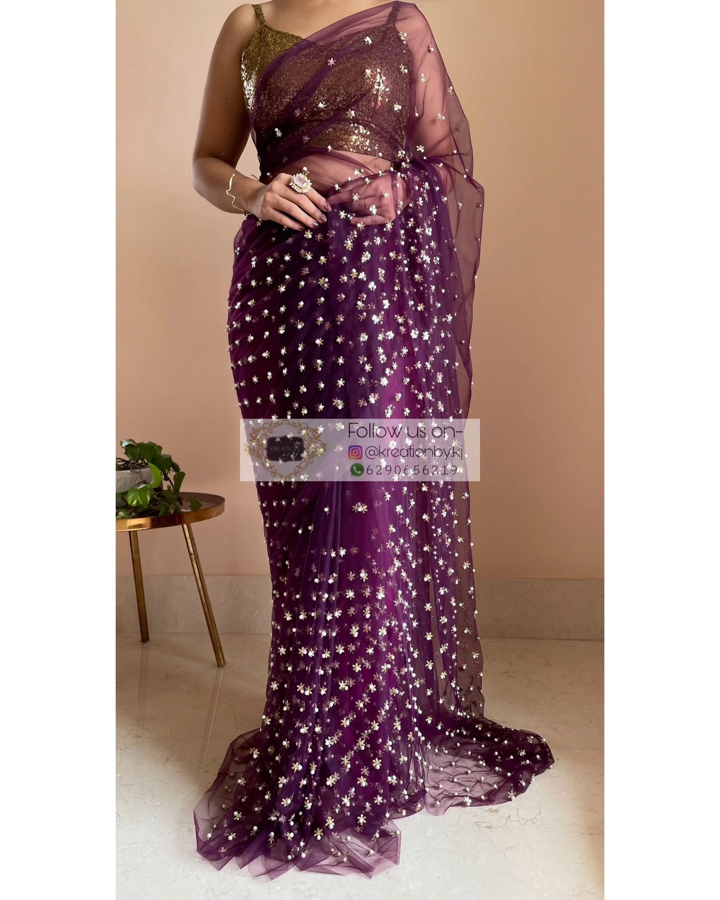 Jugnoo Wine Net Saree - kreationbykj