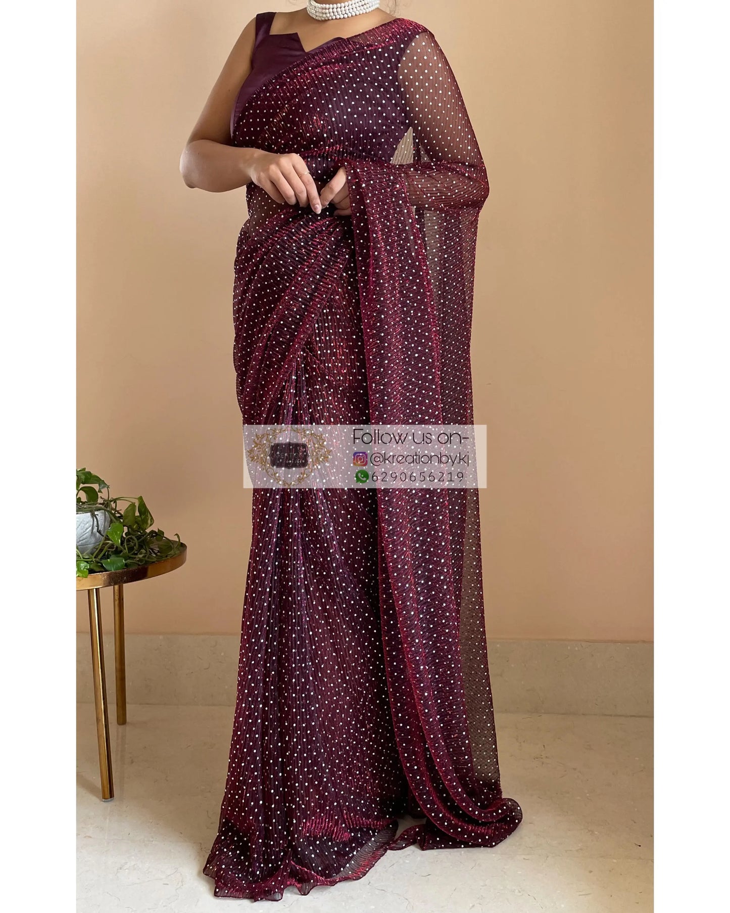 Maroon Wine Pleated Shimmer Saree - kreationbykj