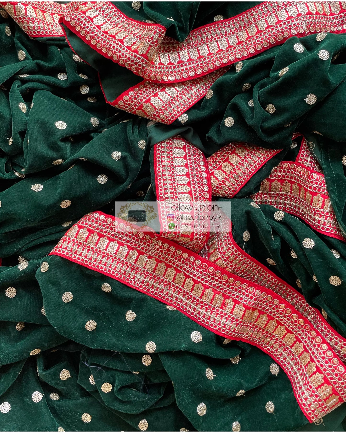 Bottle Green Velvet Saree with Border - kreationbykj