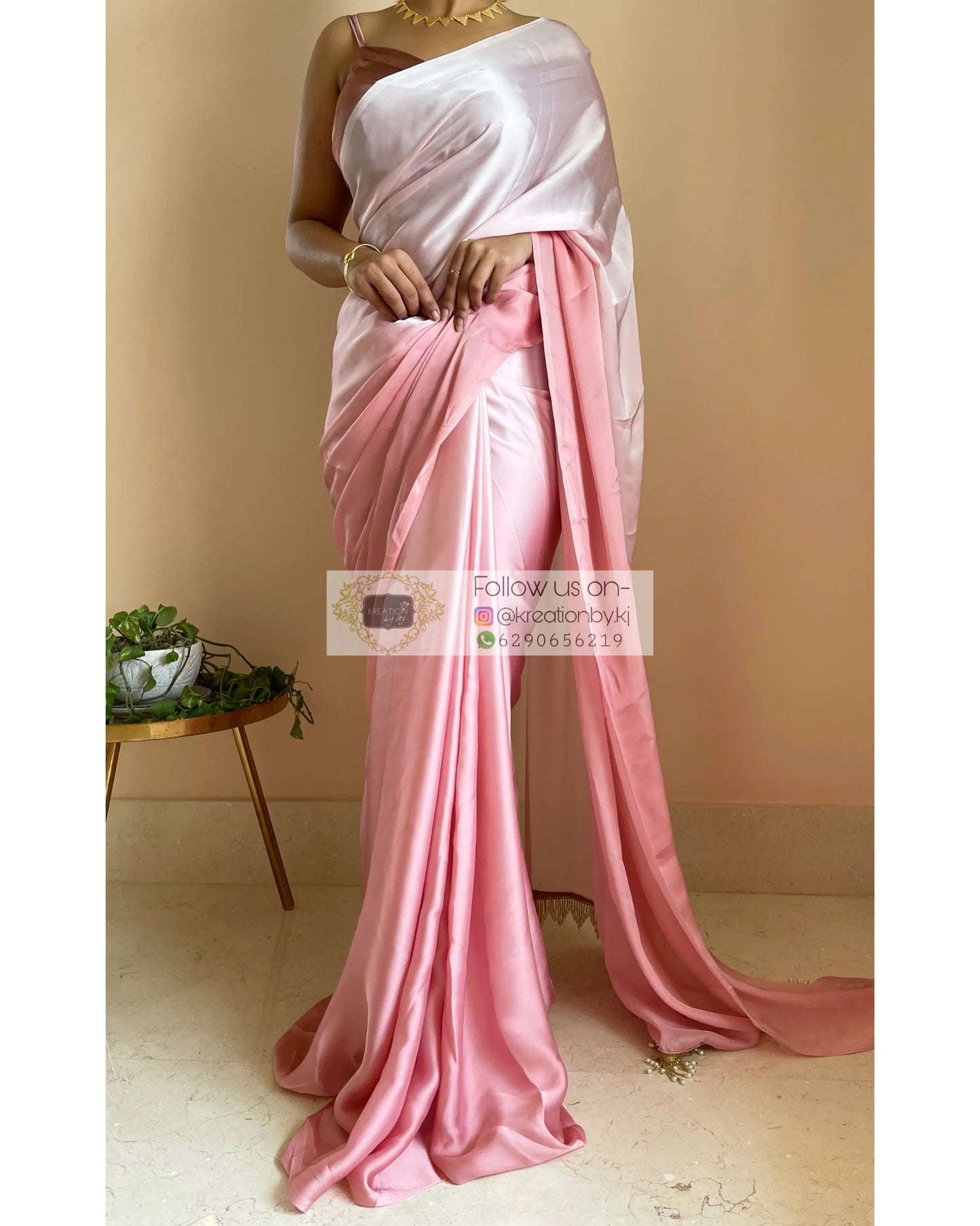 Strawberry Ombré Crepe Silk Saree with Handmade Tassels on Pallu - kreationbykj