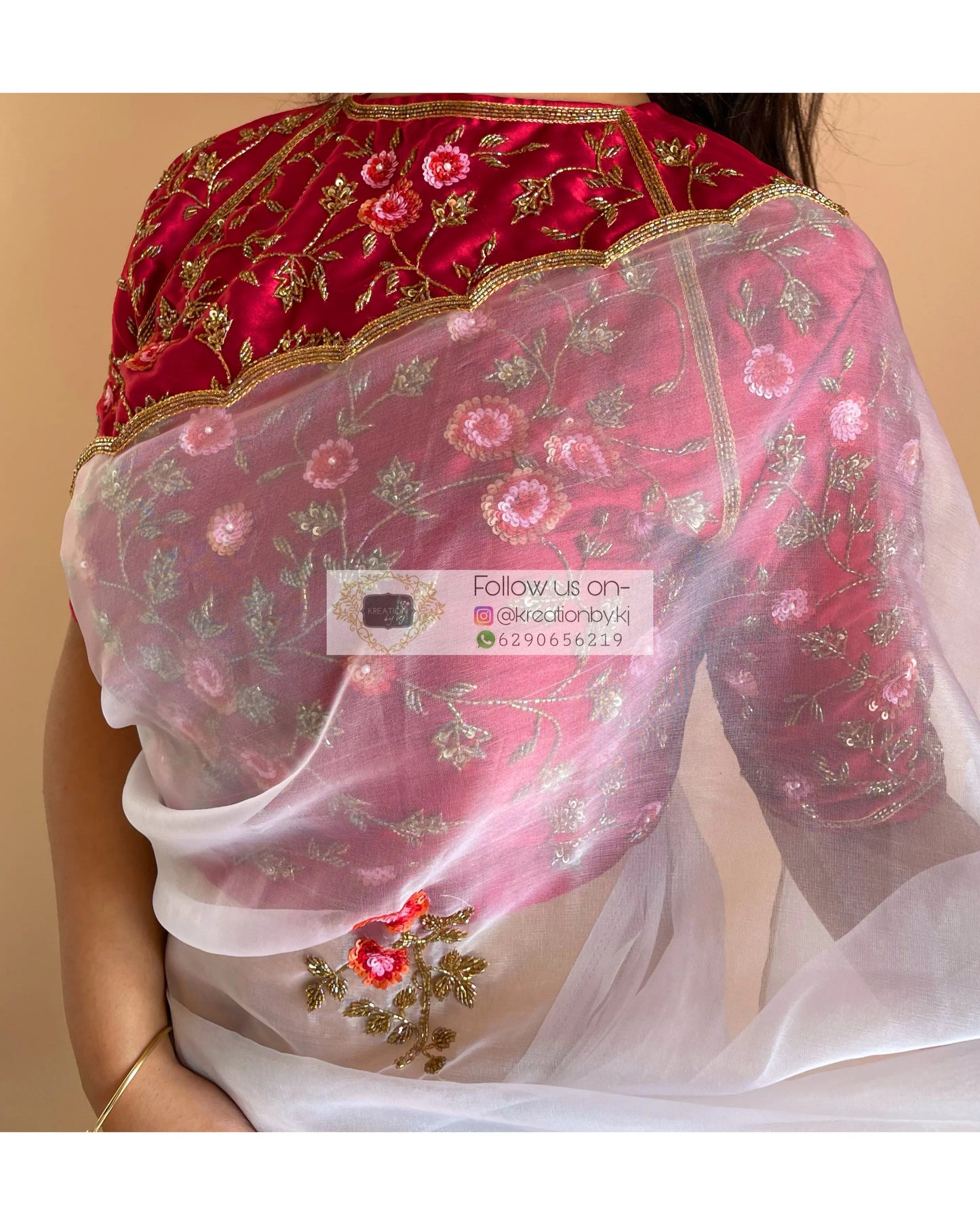 White Organza Remember The Roses Saree - kreationbykj