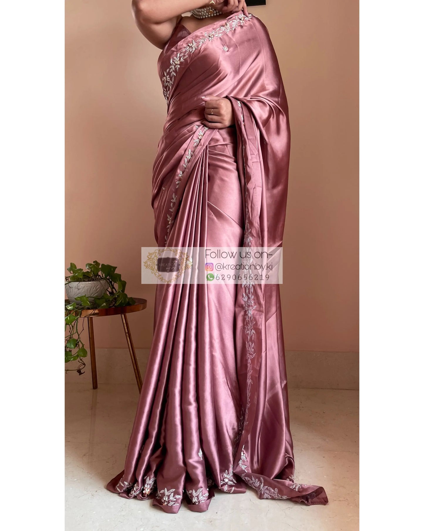 Rose Gold Satin Silk Chandani Saree - kreationbykj
