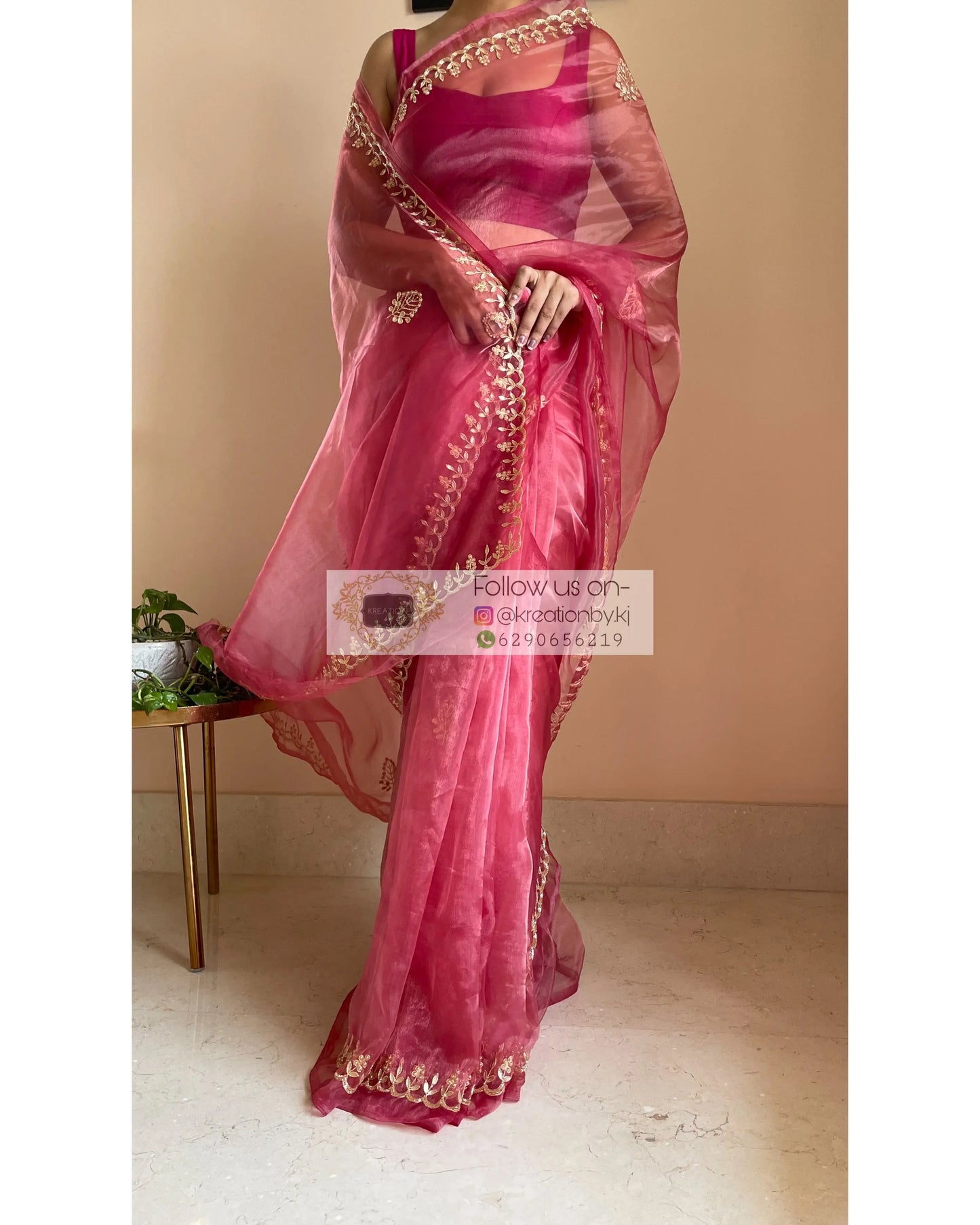 Pink Glass Tissue Saree with Gota Patti border - kreationbykj