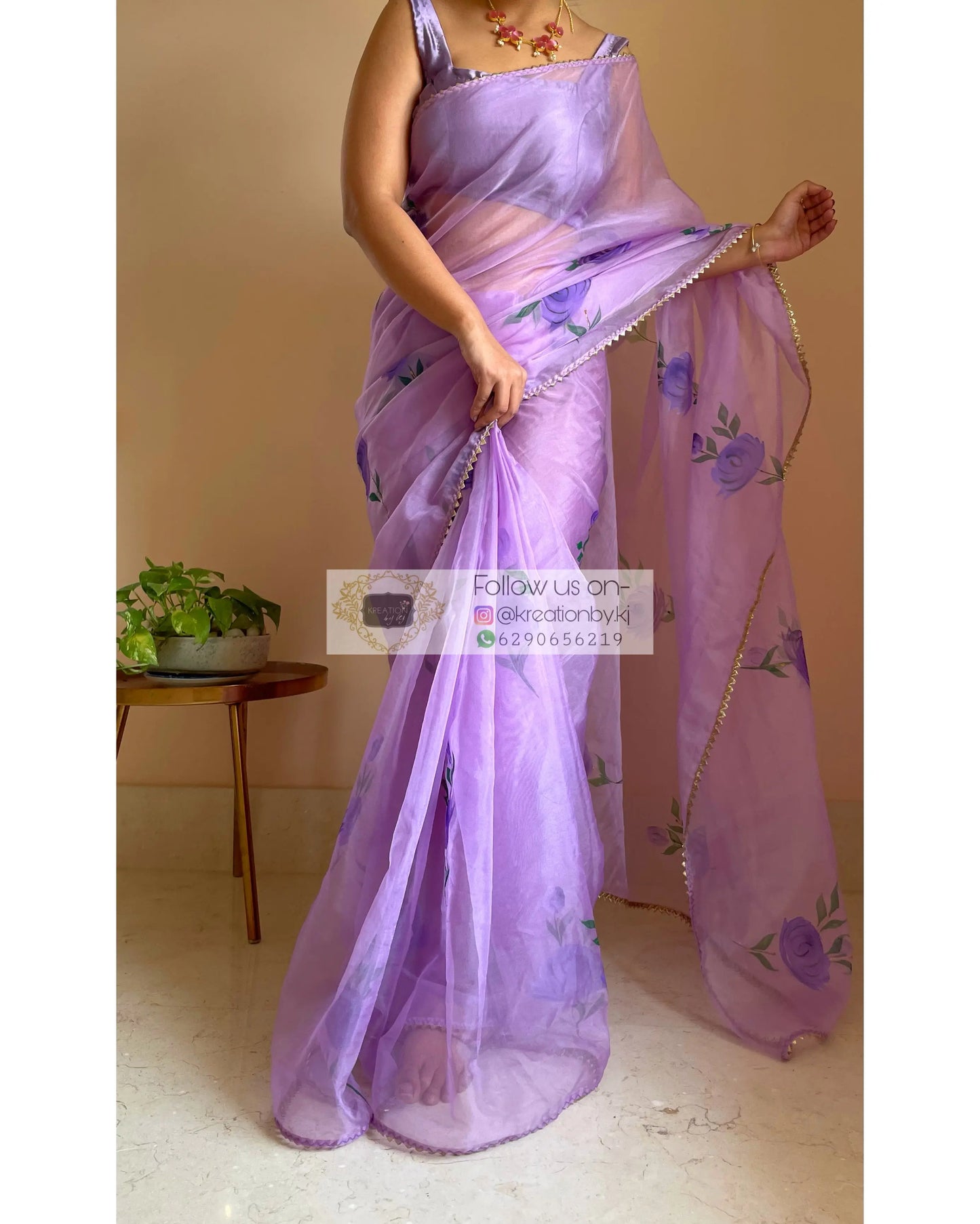 Lavender Floral Organza Saree - kreationbykj