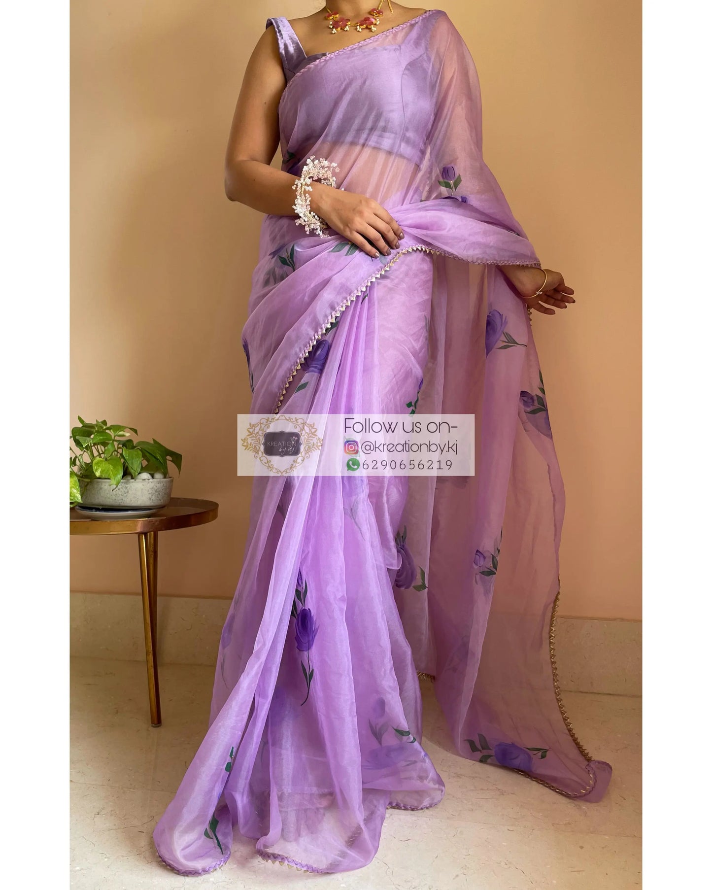 Lavender Floral Organza Saree - kreationbykj