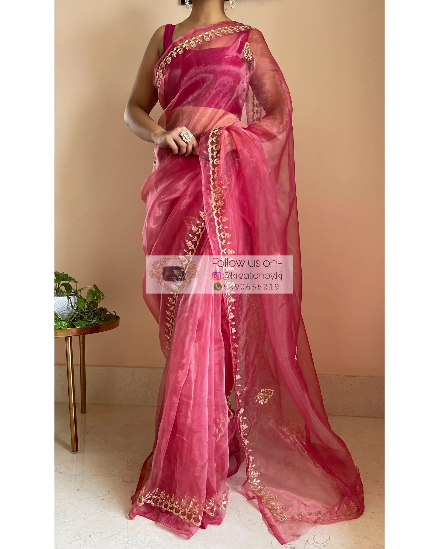 Pink Glass Tissue Saree with Gota Patti border - kreationbykj