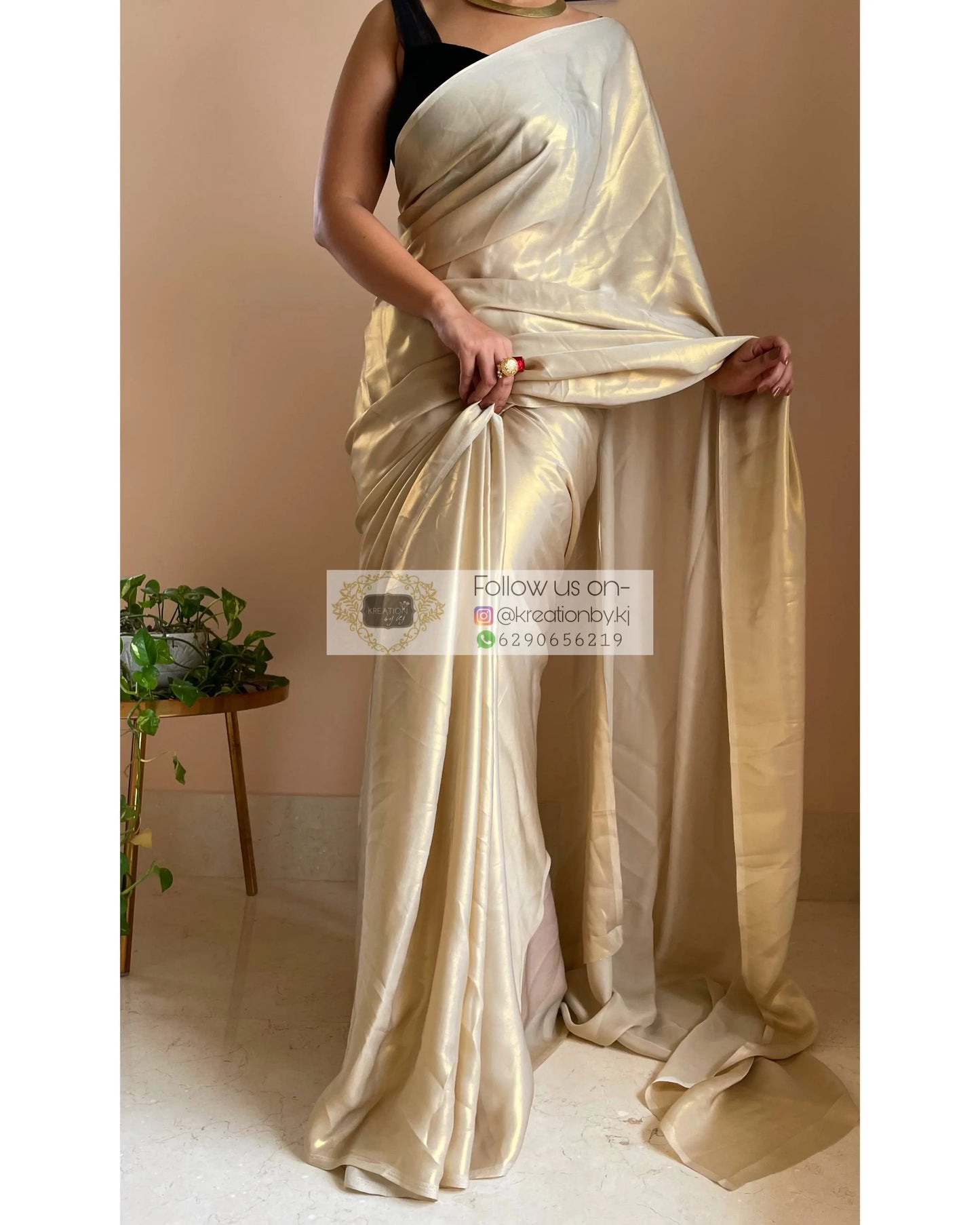 Beige Shimmer Satin Saree - kreationbykj